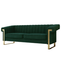 Fx P81 Rg2 Retro Green Sofa Modern Cream Velvet Sofa With Gold Accents Sleek Channel Tufted Upholstery, 3 Seat Couch For Living Room And Office Decor Retro Green Velvet 3 Seat