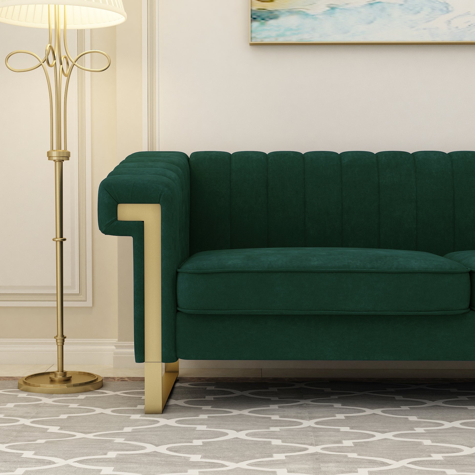 Fx P81 Rg2 Retro Green Sofa Modern Cream Velvet Sofa With Gold Accents Sleek Channel Tufted Upholstery, 3 Seat Couch For Living Room And Office Decor Retro Green Velvet 3 Seat