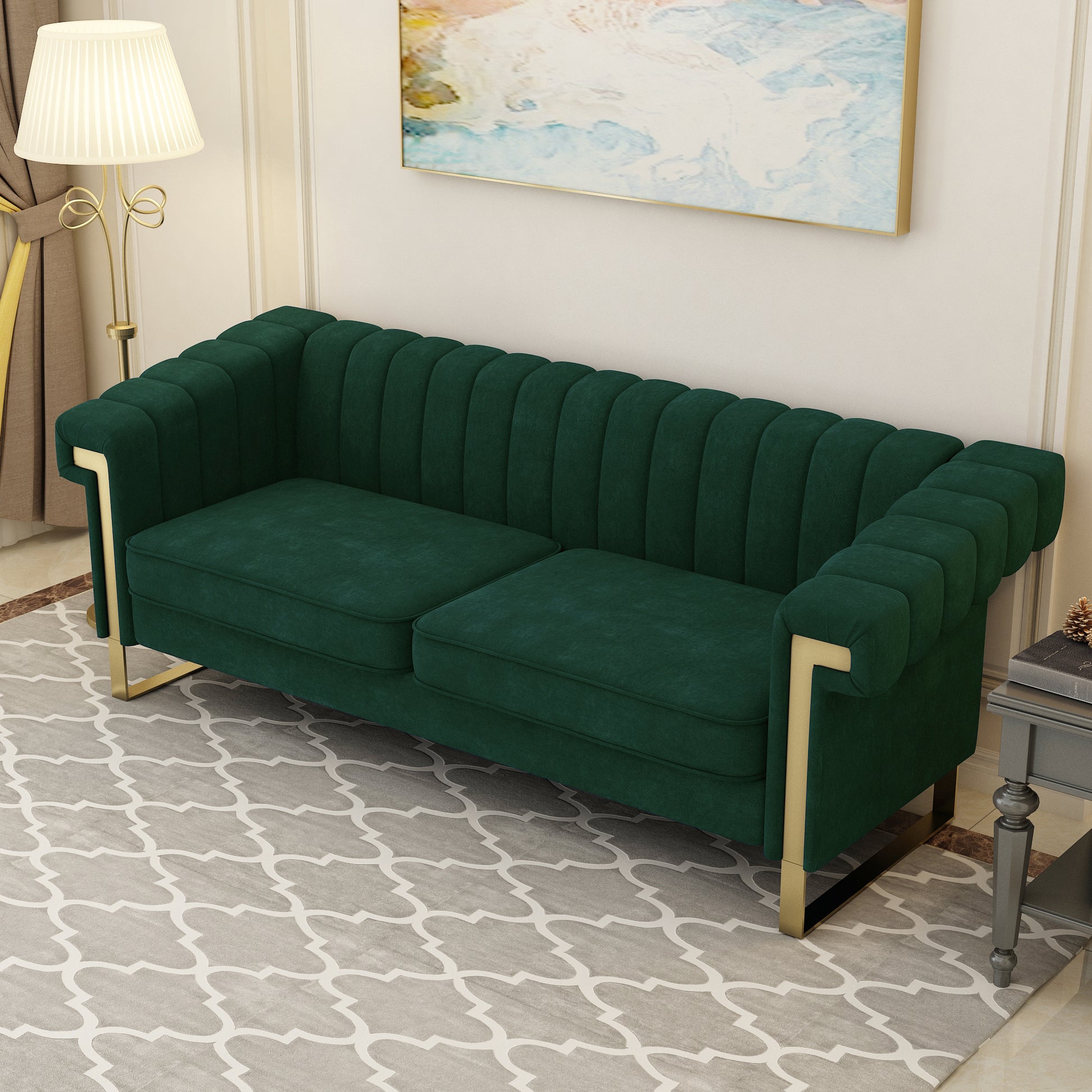 Fx P81 Rg2 Retro Green Sofa Modern Cream Velvet Sofa With Gold Accents Sleek Channel Tufted Upholstery, 3 Seat Couch For Living Room And Office Decor Retro Green Velvet 3 Seat