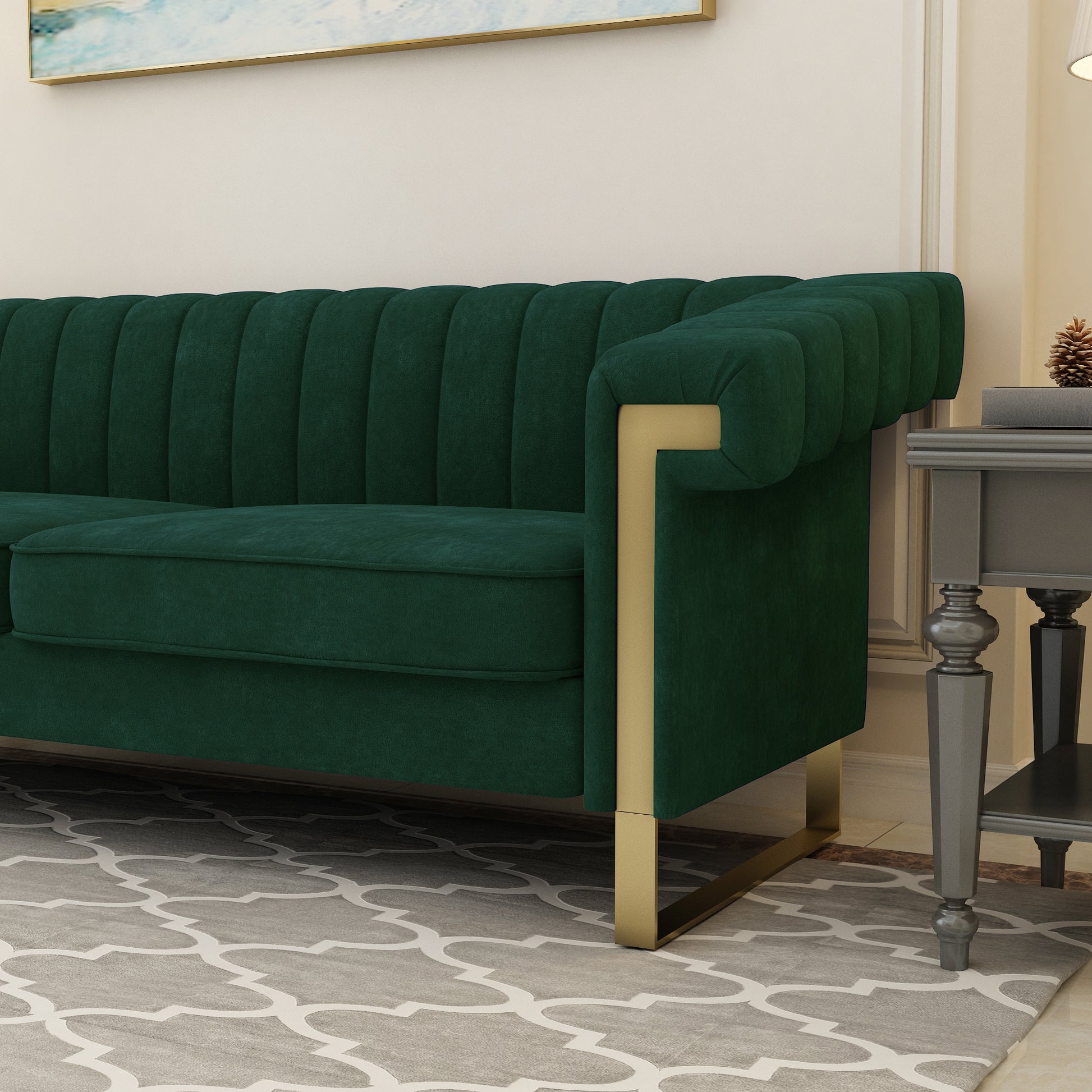 Fx P81 Rg2 Retro Green Sofa Modern Cream Velvet Sofa With Gold Accents Sleek Channel Tufted Upholstery, 3 Seat Couch For Living Room And Office Decor Retro Green Velvet 3 Seat