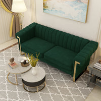 Fx P81 Rg2 Retro Green Sofa Modern Cream Velvet Sofa With Gold Accents Sleek Channel Tufted Upholstery, 3 Seat Couch For Living Room And Office Decor Retro Green Velvet 3 Seat