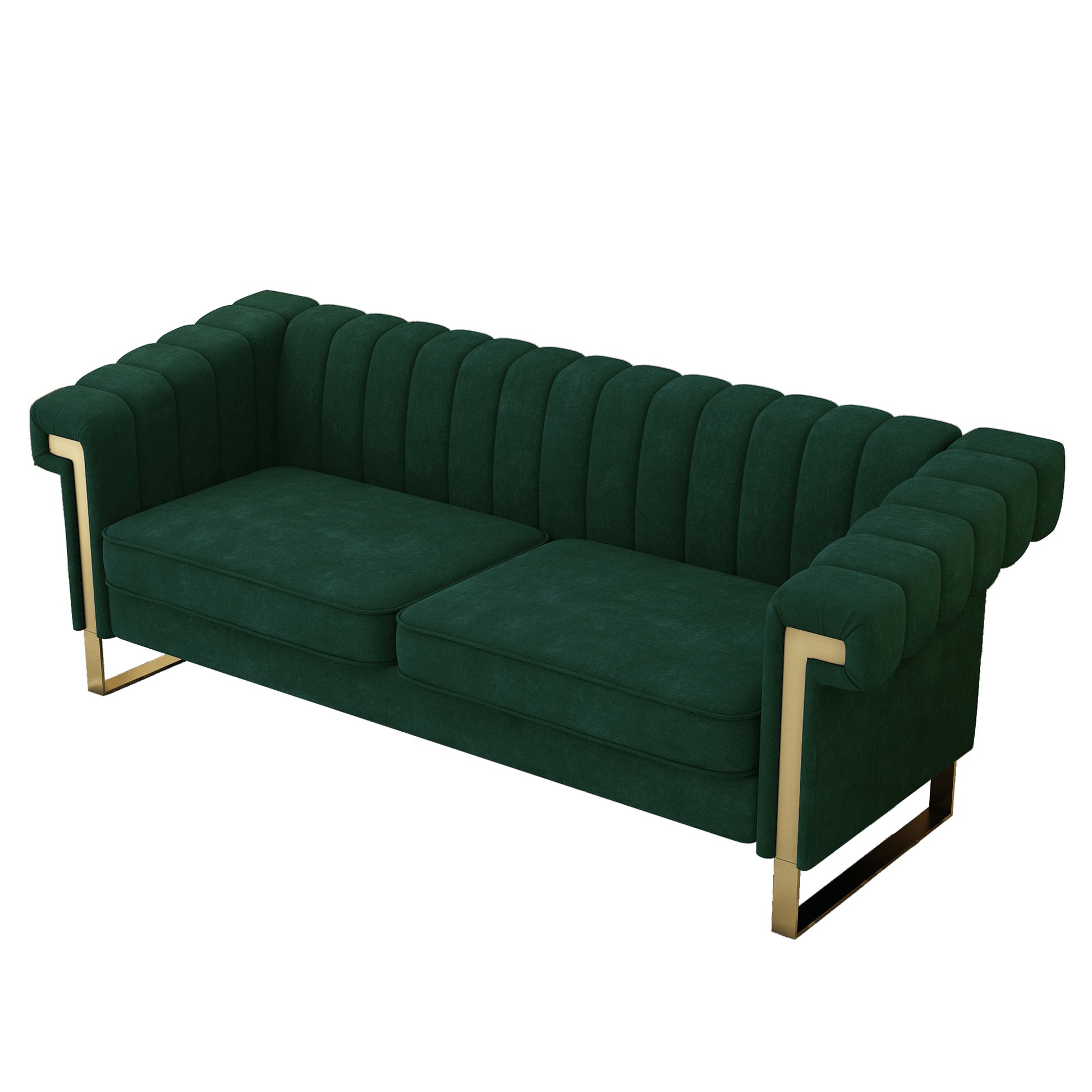 Fx P81 Rg2 Retro Green Sofa Modern Cream Velvet Sofa With Gold Accents Sleek Channel Tufted Upholstery, 3 Seat Couch For Living Room And Office Decor Retro Green Velvet 3 Seat