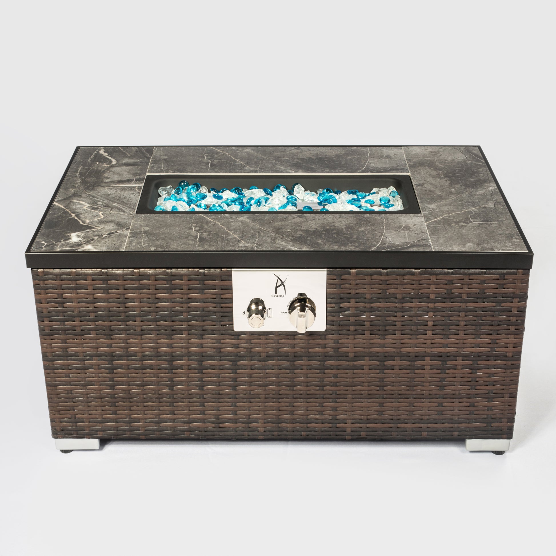 Outdoor Rectangle Fire Pit Table With Propane Tank Cover Brown Wicker