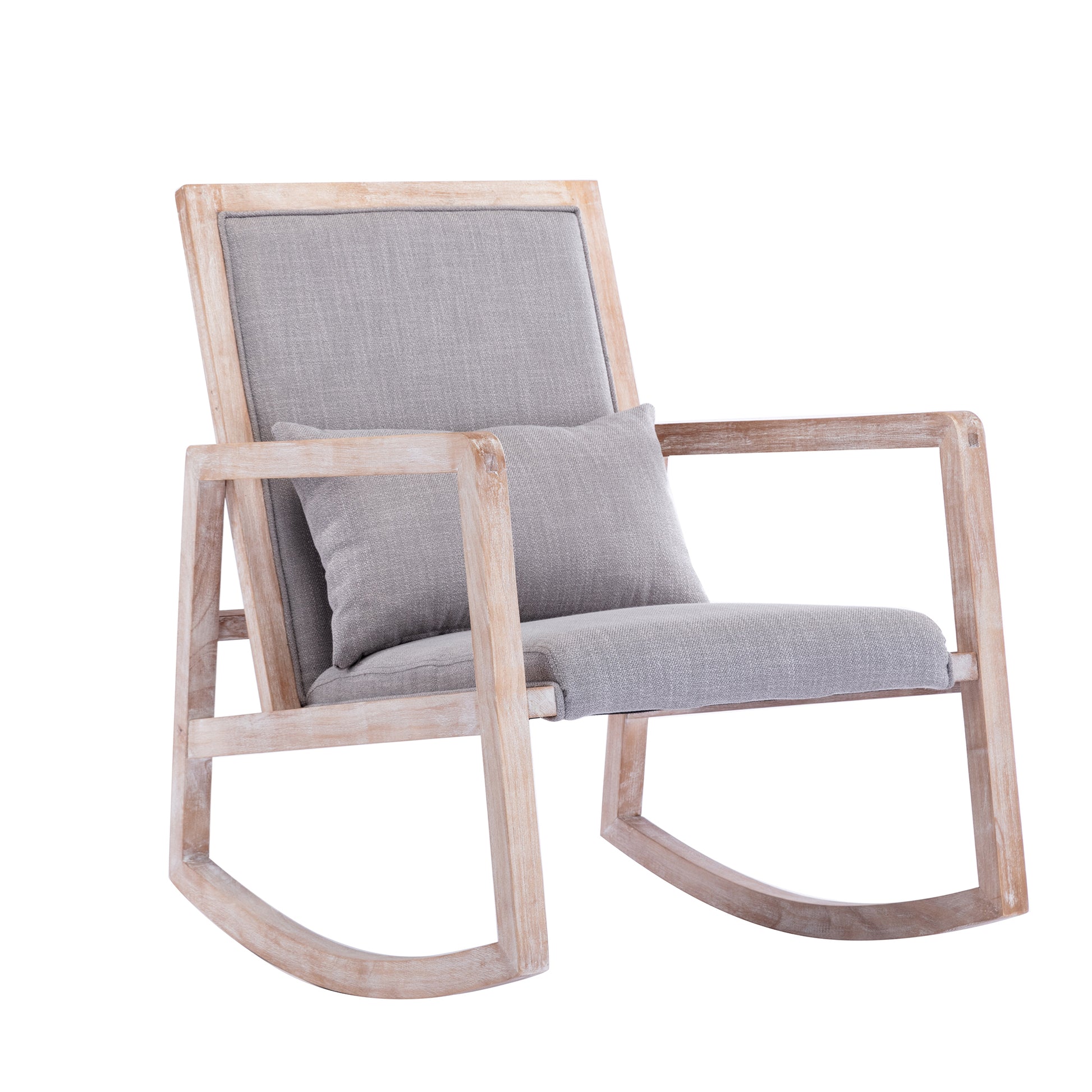 Solid Wood Linen Fabric Antique White Wash Painting Rocking Chair With Removable Lumbar Pillow Gray Foam Solid Wood