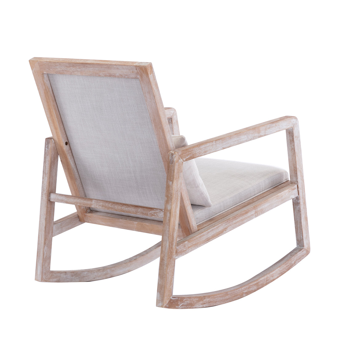 Solid Wood Linen Fabric Antique White Wash Painting Rocking Chair With Removable Lumbar Pillow Beige Foam Linen