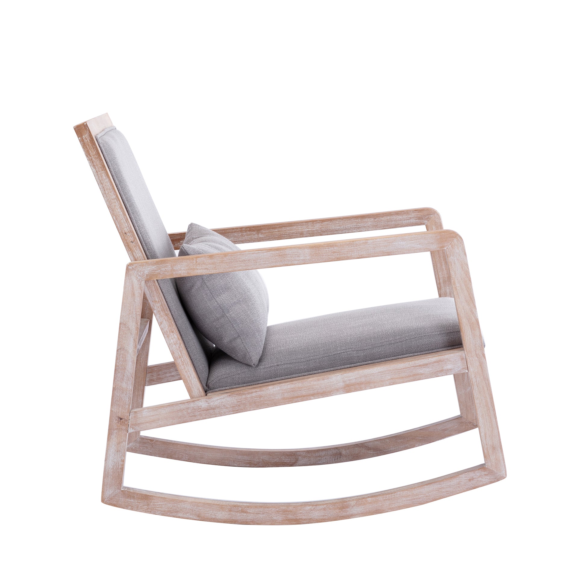 Solid Wood Linen Fabric Antique White Wash Painting Rocking Chair With Removable Lumbar Pillow Gray Foam Solid Wood