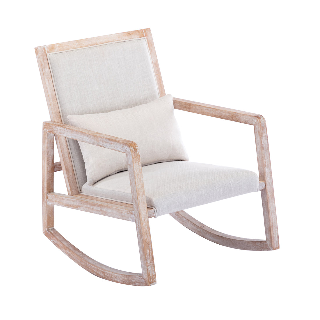 Solid Wood Linen Fabric Antique White Wash Painting Rocking Chair With Removable Lumbar Pillow Beige Foam Linen