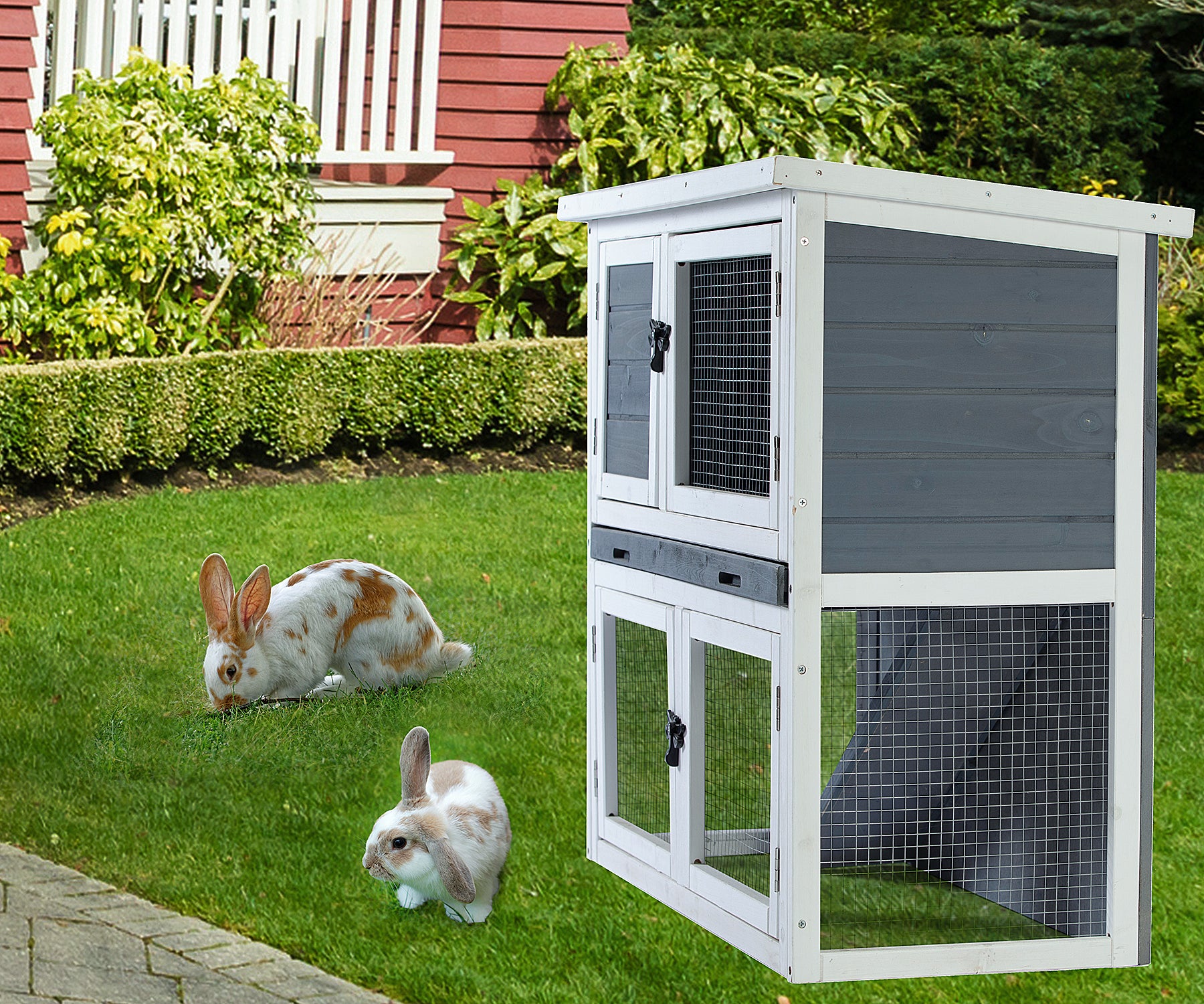 Two Layer Solid Wooden With Easy Clear Tray For Bunny Rabbitswooden Pet House Rabbit Bunny Wood Hutch House Dog House Chicken Coops Chicken Cages Rabbit Cage Dark Gray Solid Wood