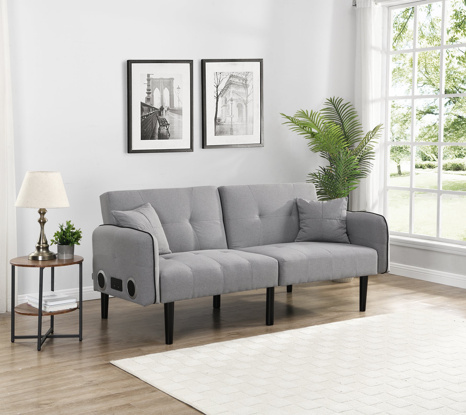 Folding Ottoman Sofa Bed With Stereo Gray Gray Linen