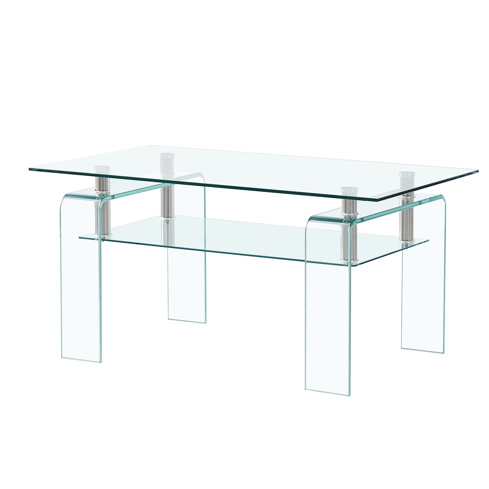 Tempered Clear Glass Coffee Table, Modern Glass Coffee Table For Living Room, 2 Tier Storage Center Coffee Table Transparent Glass