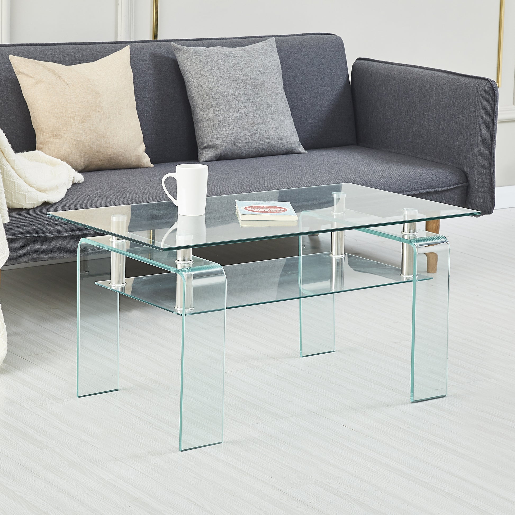 Tempered Clear Glass Coffee Table, Modern Glass Coffee Table For Living Room, 2 Tier Storage Center Coffee Table Transparent Glass