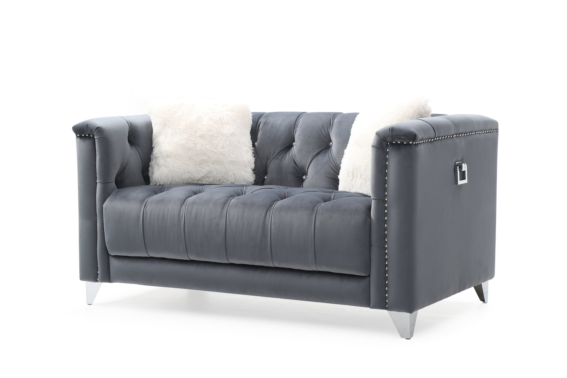 Tufted Upholstery 2 Pc Living Room Set Finished In Velvet Fabric In Gray Gray Solid Wood 5 Seat