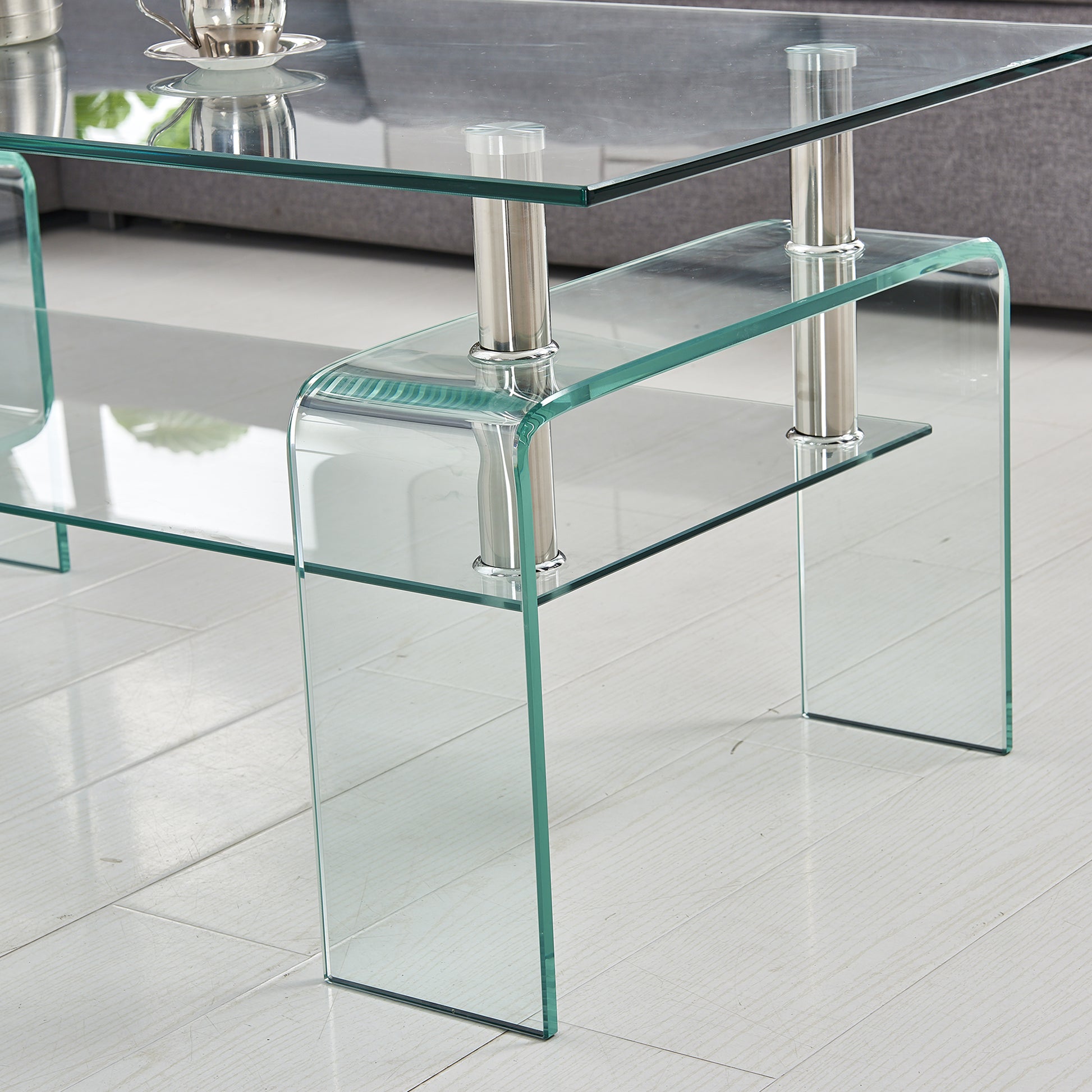 Tempered Clear Glass Coffee Table, Modern Glass Coffee Table For Living Room, 2 Tier Storage Center Coffee Table Transparent Glass