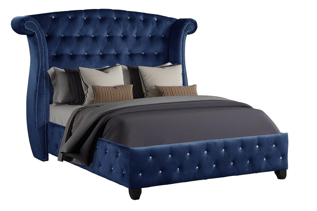 Sophia Full 4 Pc Bedroom Set In Color Blue Made With Wood Box Spring Not Required Full Blue Wood 4 Piece Set Bedroom Modern Acacia Upholstered Velvet Tufted Wood