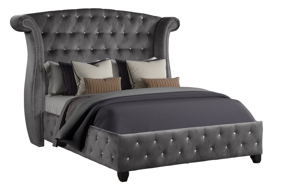 Modern Style Crystal Tufted King Velvet Fabric Bed Upholstery Made With Wood In Gray Box Spring Not Required King Gray Wood Bedroom Contemporary,Modern Acacia Upholstered Velvet Wood