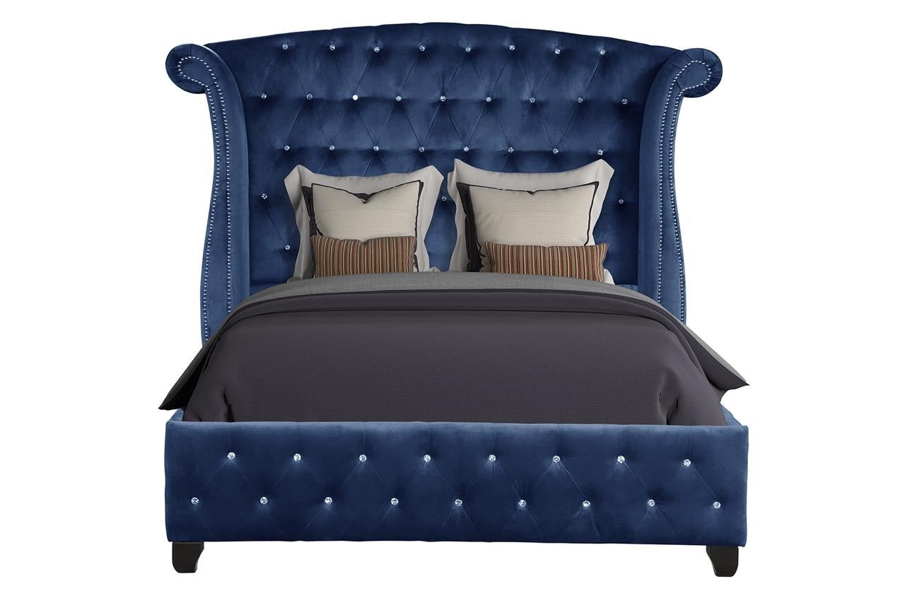 Sophia Full 4 Pc Bedroom Set In Color Blue Made With Wood Box Spring Not Required Full Blue Wood 4 Piece Set Bedroom Modern Acacia Upholstered Velvet Tufted Wood