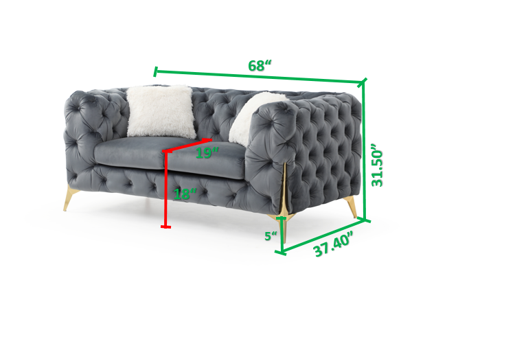 Moderno Tufted Loveseat Finished In Velvet Fabric In Gray Gray Wood Primary Living Space Modern Solid Wood Mdf Wood