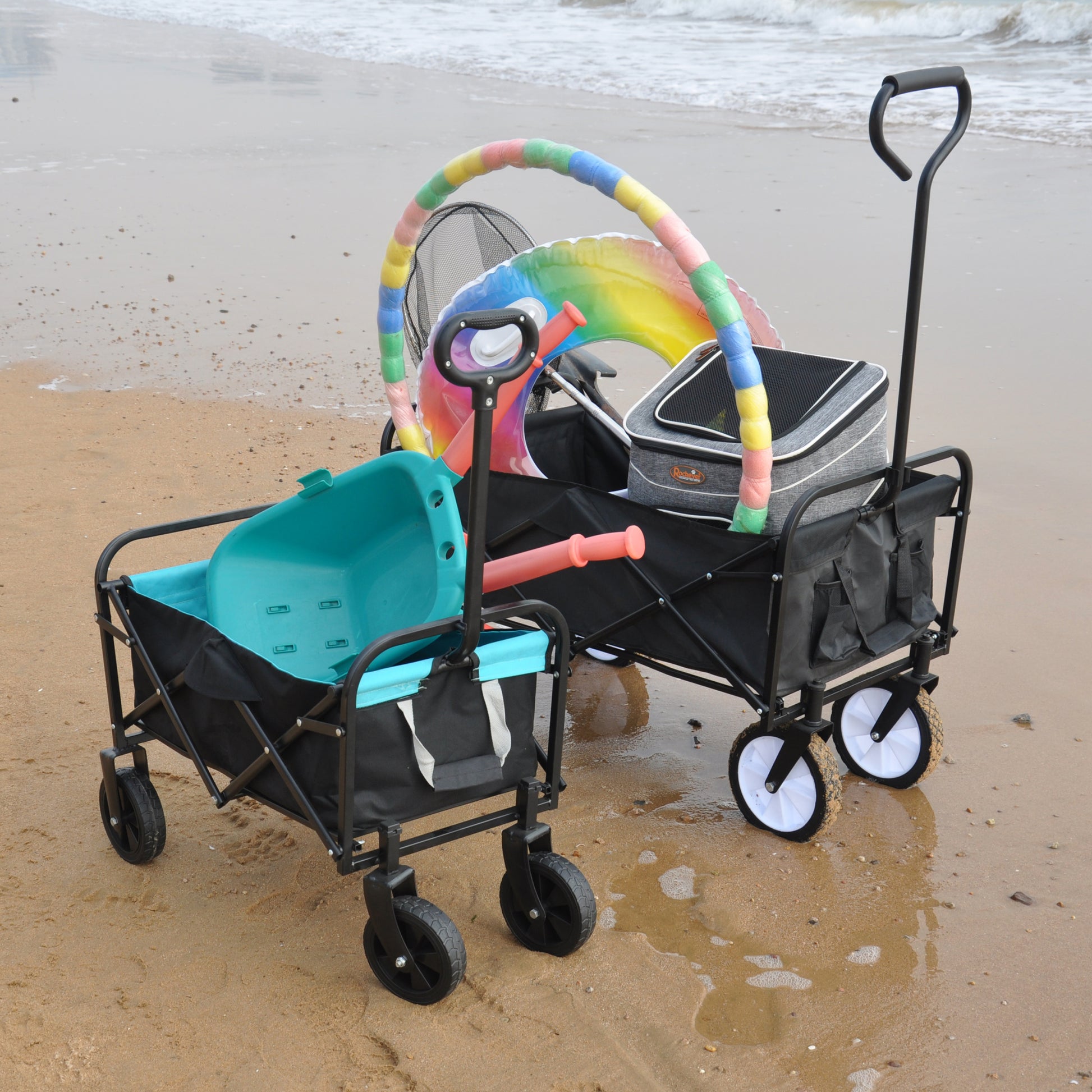 Mini Folding Wagon Garden Shopping Beach Cart Black Blue Black Steel