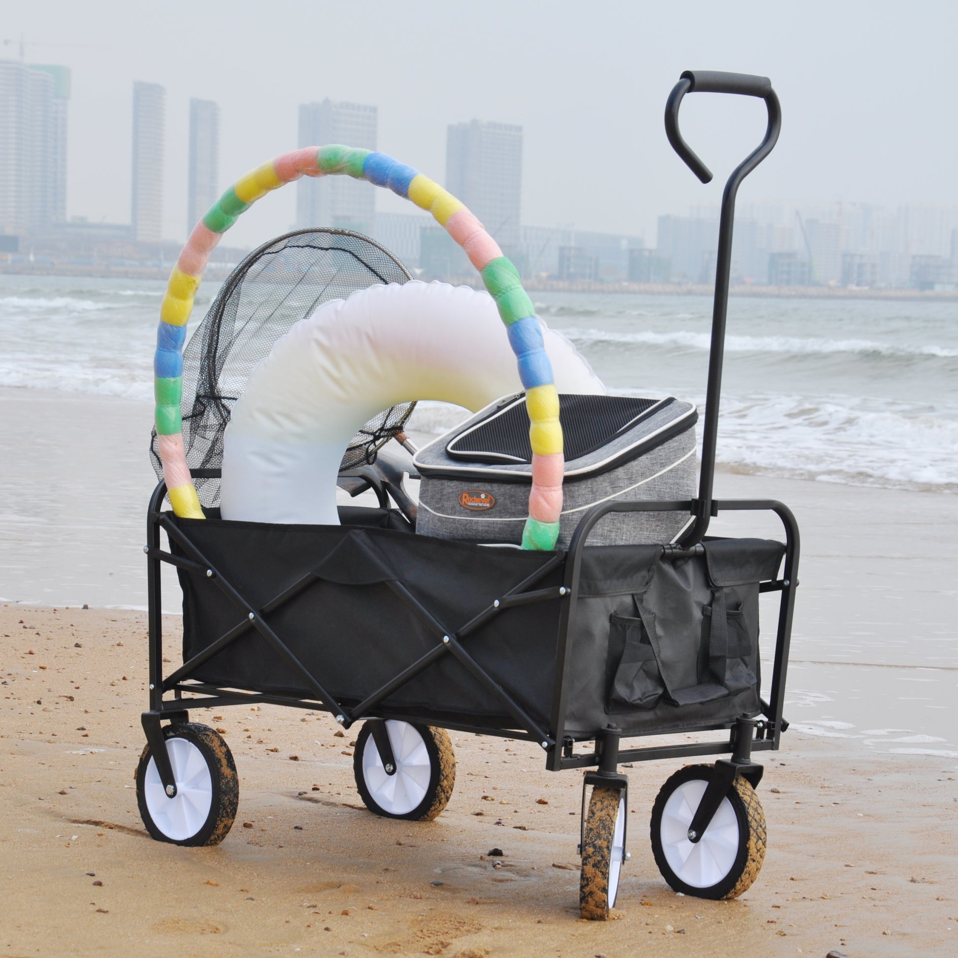Folding Wagon Garden Shopping Beach Cart Black Black Steel