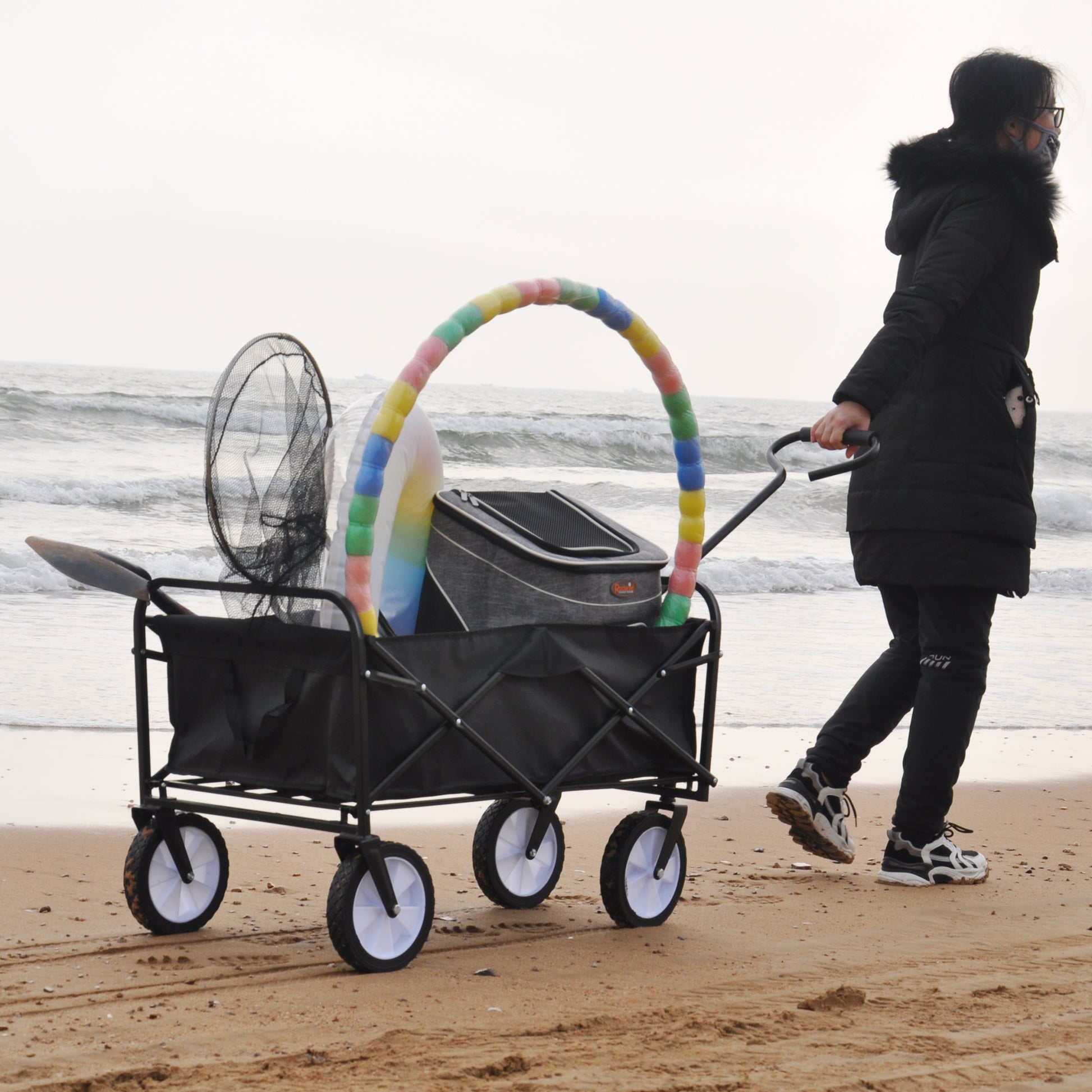 Folding Wagon Garden Shopping Beach Cart Black Black Steel