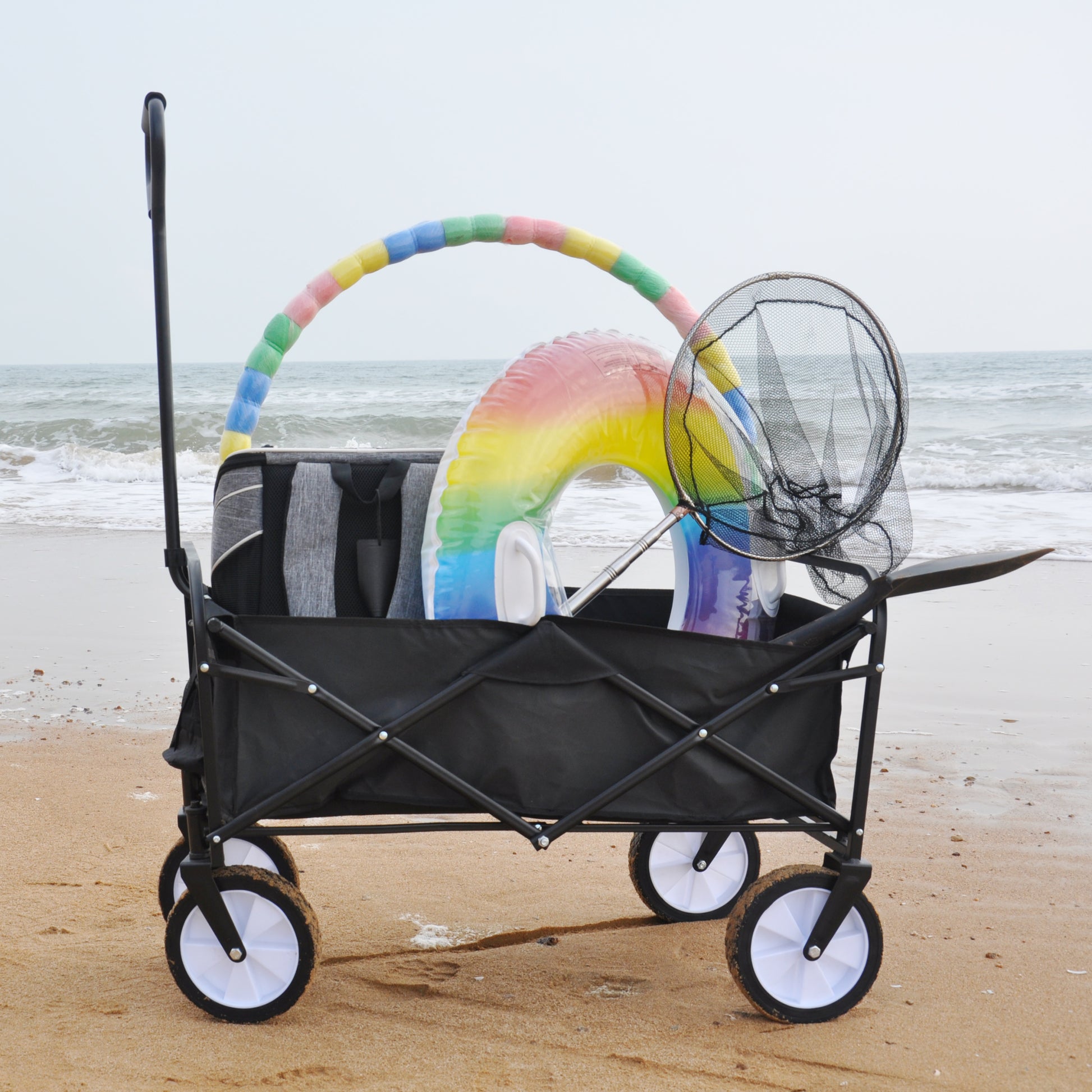 Folding Wagon Garden Shopping Beach Cart Black Black Steel