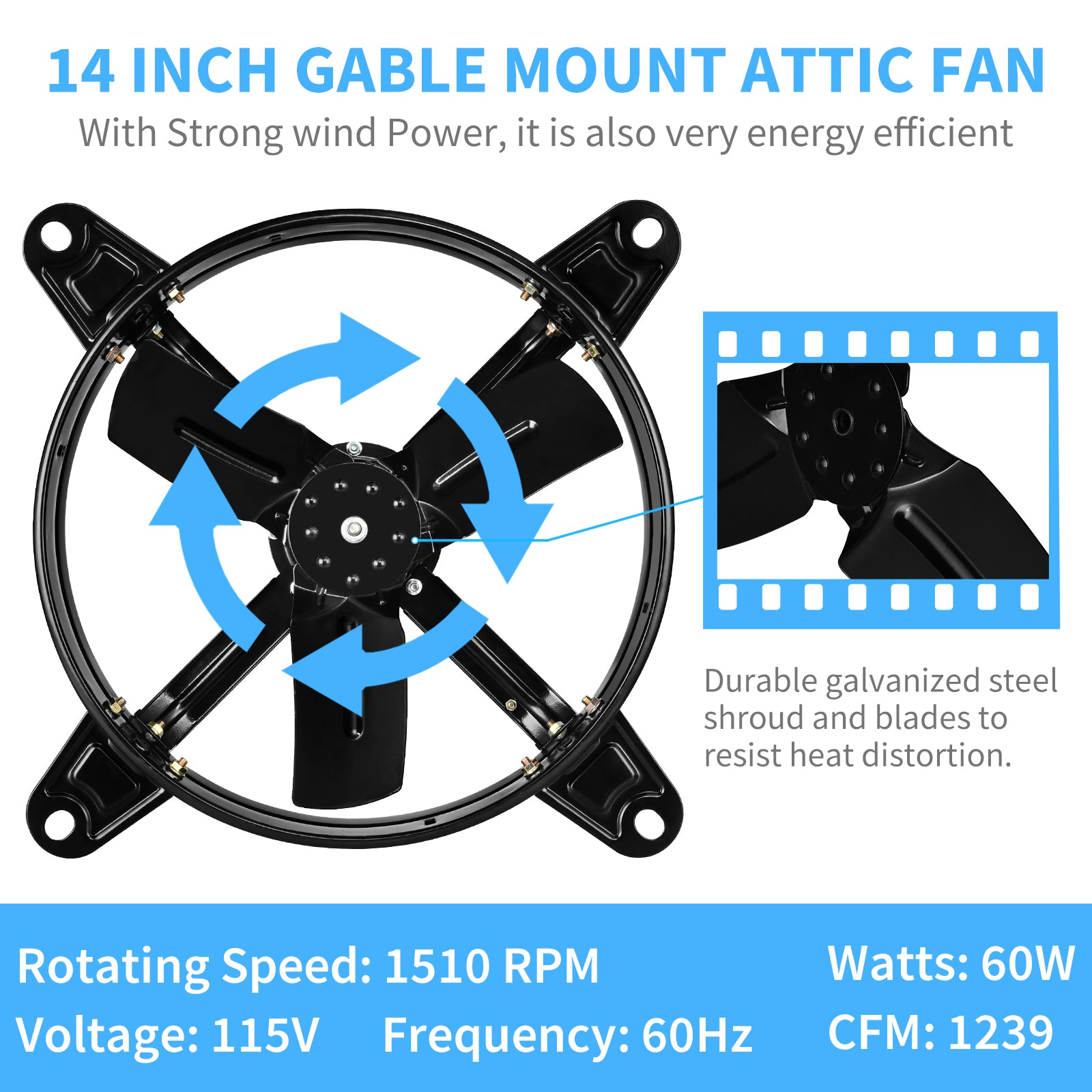 Healsmart 14 Inch Mount Fan Attic Gable Ventilator With Adjustable Temperature Thermostat, 1239 Cfm, Black Black Metal