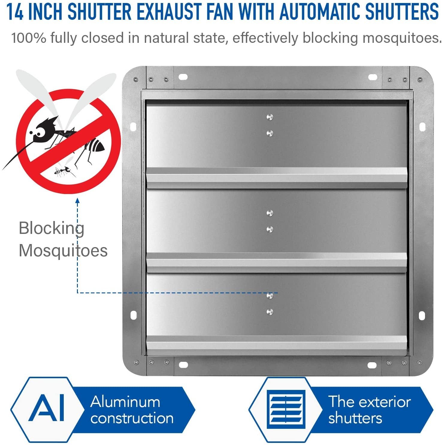 Ipower 14 Inch Shutter Exhaust Fan Aluminum,High Speed 1650Rpm, 1000 Cfm, 1 Pack, Silver Silver Aluminium