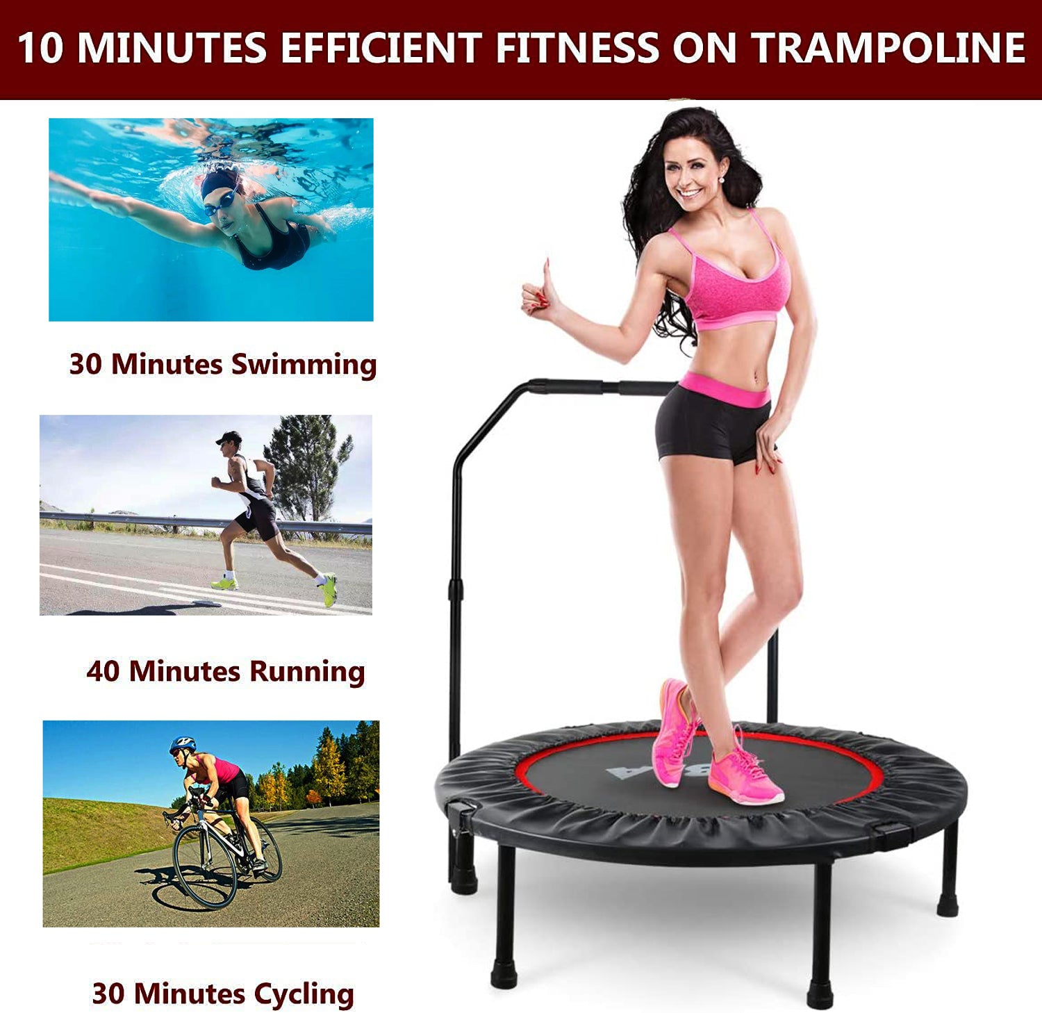 40 Inch Mini Exercise Trampoline For Adults Or Kids Indoor Fitness Rebounder Trampoline With Safety Pad Max. Load 300Lbs Black Metal