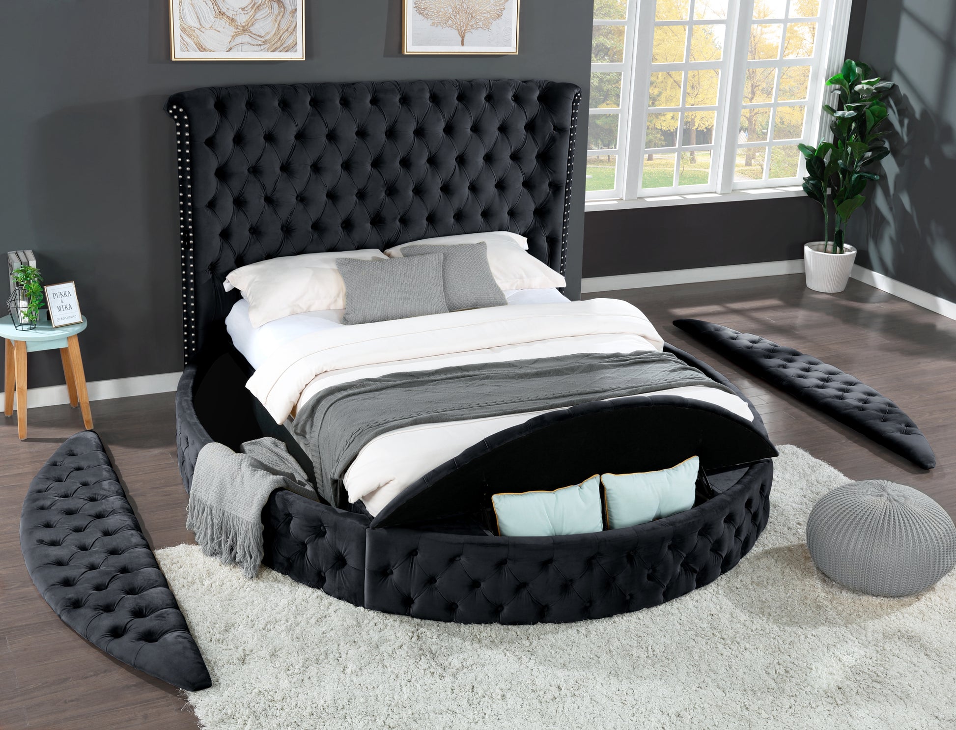 Hazel Queen 5 Pc Bedroom Set Made With Wood In Black Color Box Spring Not Required Queen Black Wood 4 Piece Set Bedroom Bed Included,Chest Included,Dresser Included,Mirror Included,Nightstand Included Contemporary,Modern Solid Wood Mdf Velvet Tufted Wood