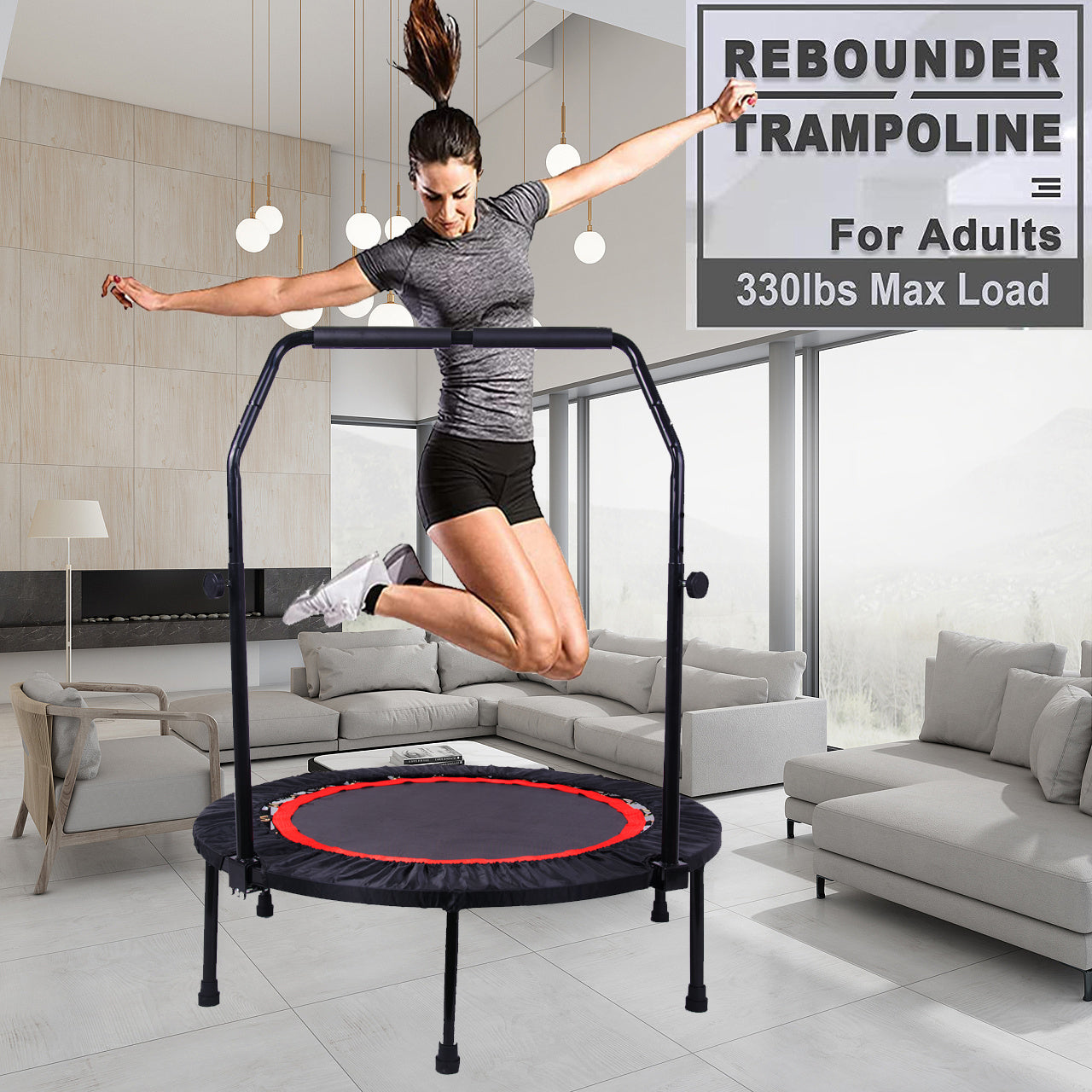 40 Inch Mini Exercise Trampoline For Adults Or Kids Indoor Fitness Rebounder Trampoline With Safety Pad Max. Load 300Lbs Black Metal