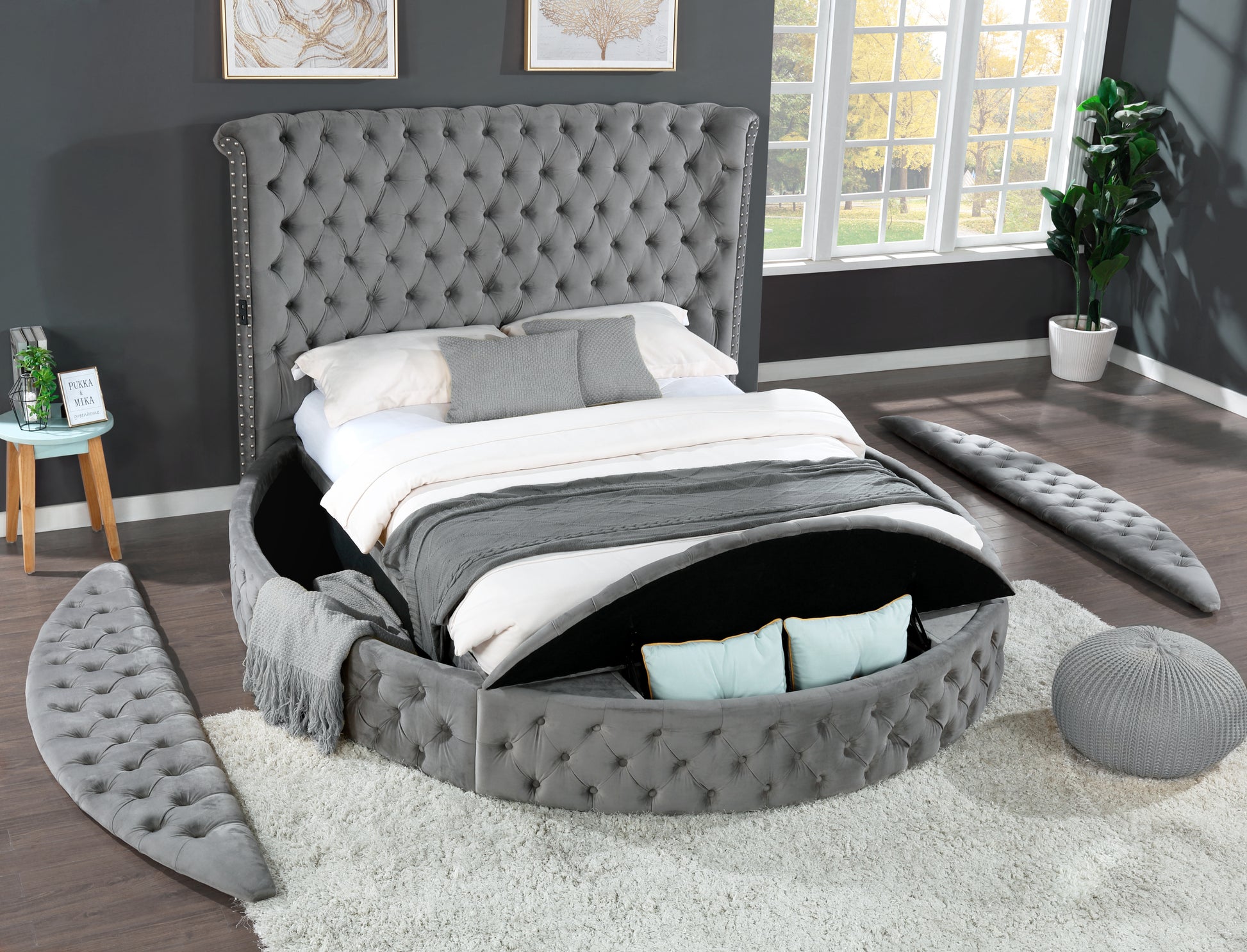 Hazel King 5 Pc Bedroom Set Made With Wood In Gray Color Box Spring Not Required King Grey Wood 5 Piece Set Bedroom Bed Included,Chest Included,Dresser Included,Mirror Included,Nightstand Included Contemporary,Modern Upholstered Velvet Tufted Wood