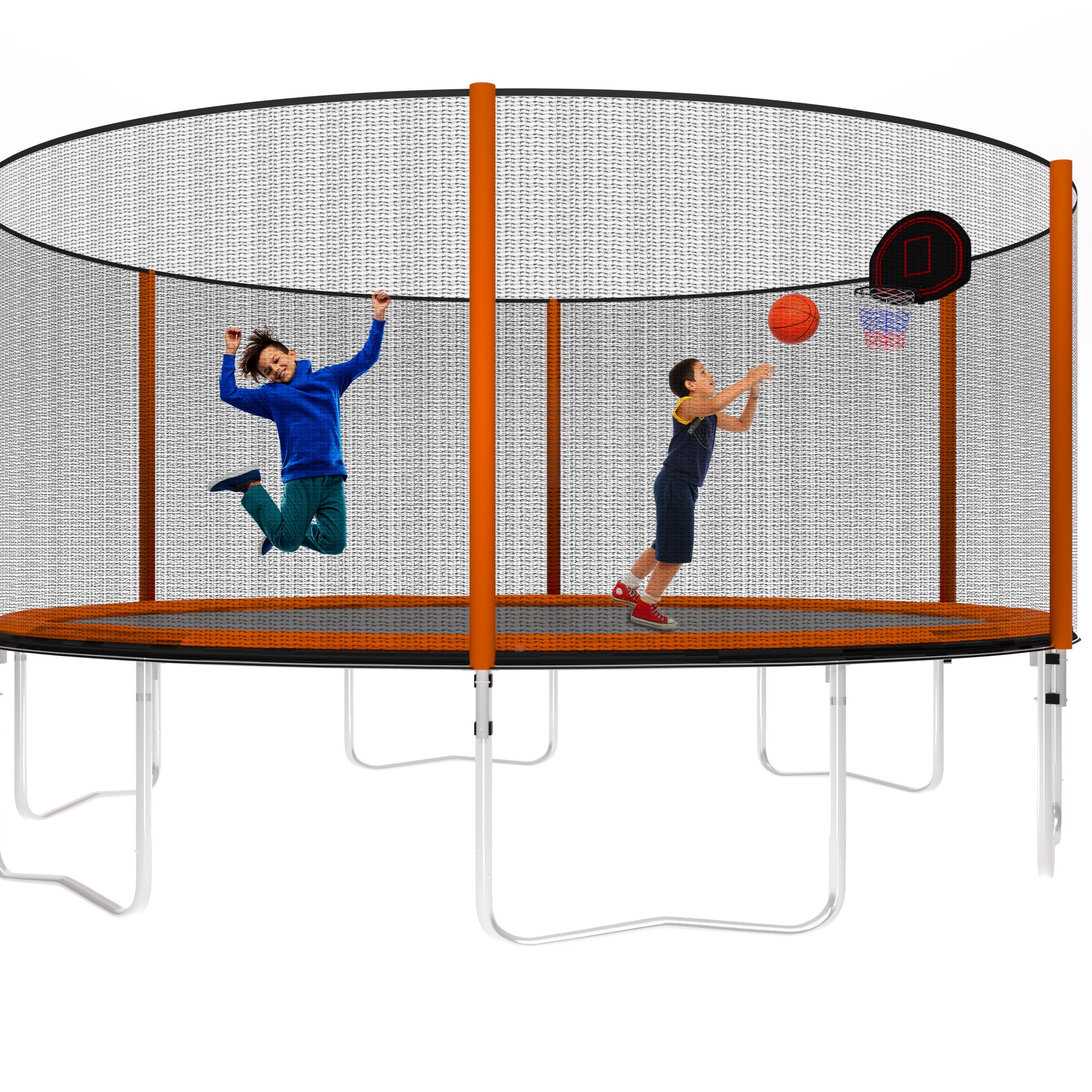 14Ft Powder Coated Advanced Trampoline With Basketball Hoop Inflator And Ladder Outer Safety Enclosure Orange Orange Steel