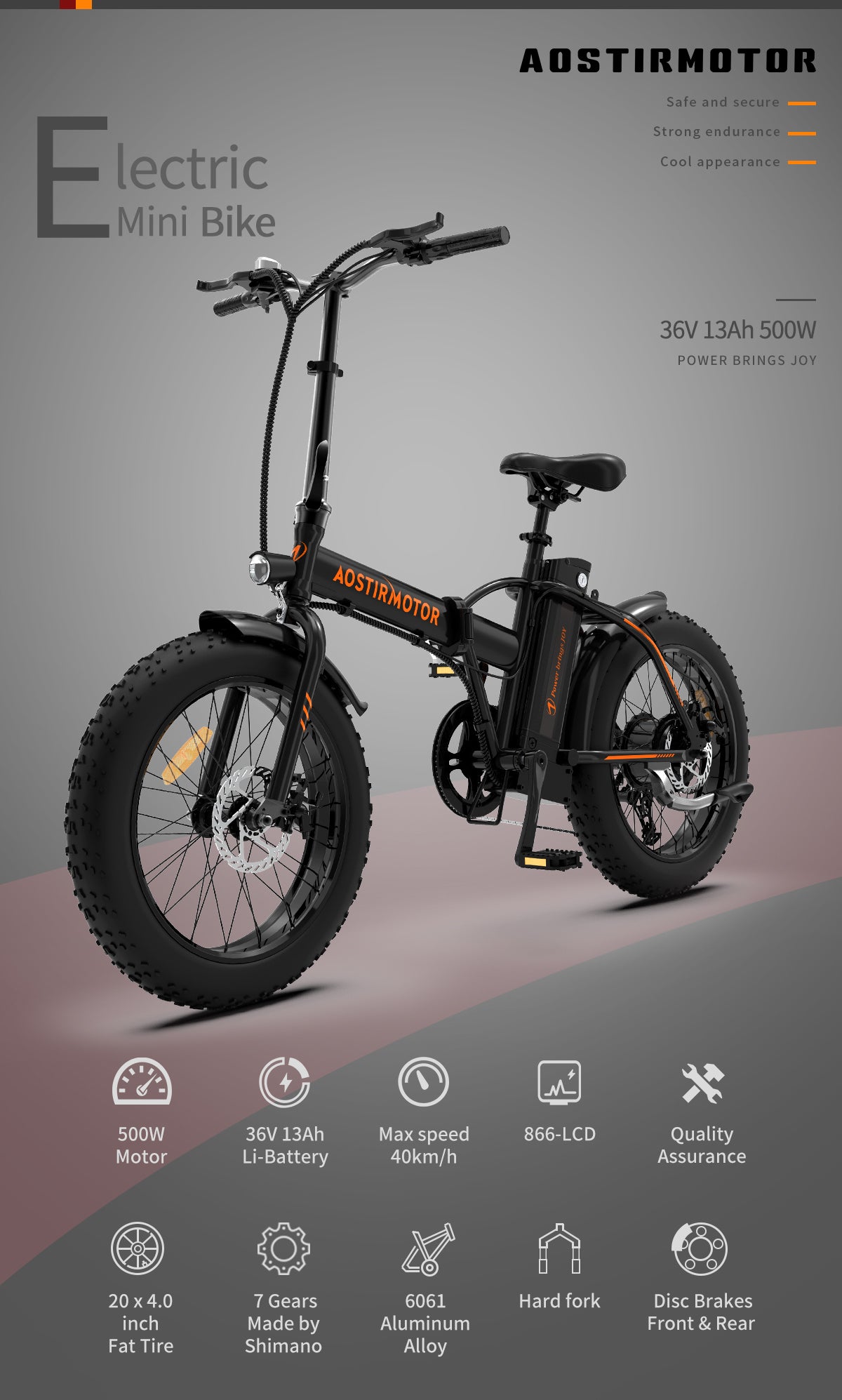 Aostirmotor Folding Electric Bike Ebike Bicycle 500W Motor 20" Fat Tire With 36V 13Ah Li Battery Beach Snow Bicycle A20 Cycling Black Foldable Aluminium