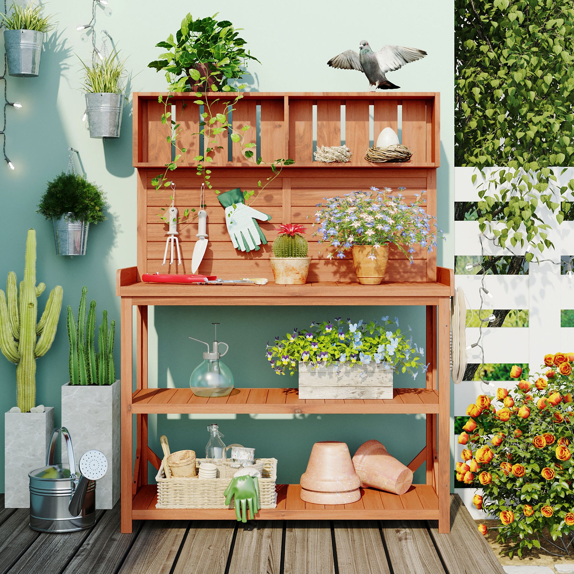 65" Large Wooden Farmhouse Rustic Outdoor Potting Bench Table, Patio Workstation, Garden Potting Bench With 4 Storage Shelves And Side Hook,Natural Natural Garden & Outdoor Casual Wood Solid Wood