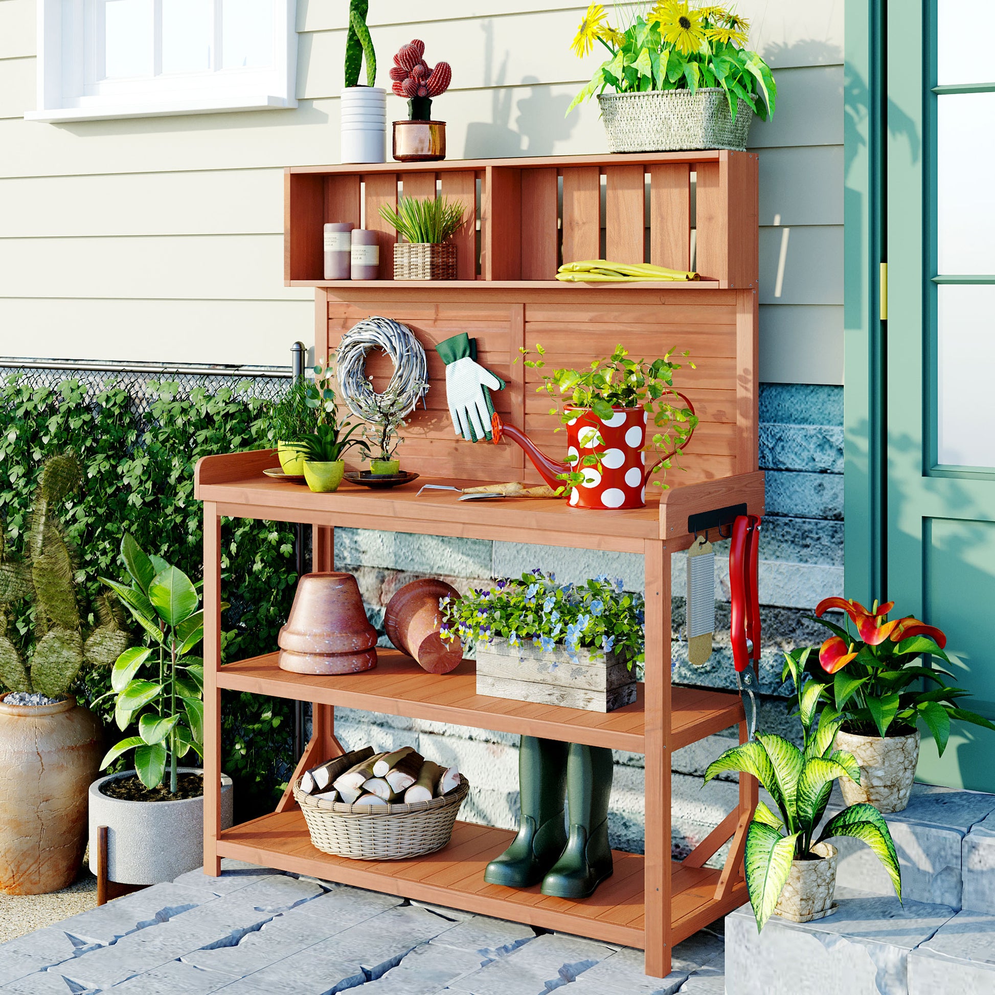 65" Large Wooden Farmhouse Rustic Outdoor Potting Bench Table, Patio Workstation, Garden Potting Bench With 4 Storage Shelves And Side Hook,Natural Natural Garden & Outdoor Casual Wood Solid Wood
