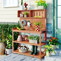 65" Large Wooden Farmhouse Rustic Outdoor Potting Bench Table, Patio Workstation, Garden Potting Bench With 4 Storage Shelves And Side Hook,Natural Natural Garden & Outdoor Casual Wood Solid Wood