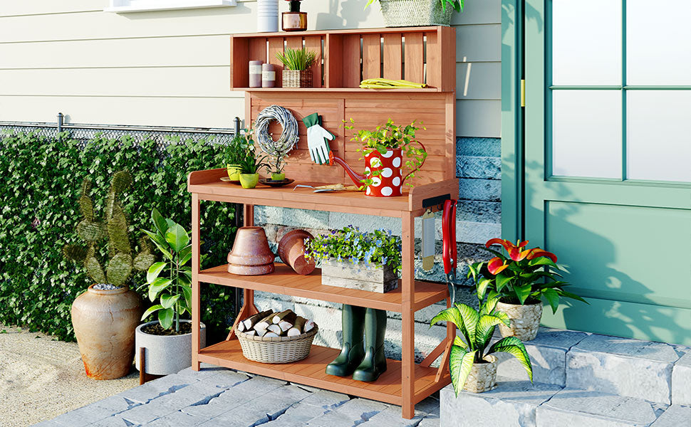 65" Large Wooden Farmhouse Rustic Outdoor Potting Bench Table, Patio Workstation, Garden Potting Bench With 4 Storage Shelves And Side Hook,Natural Natural Garden & Outdoor Casual Wood Solid Wood