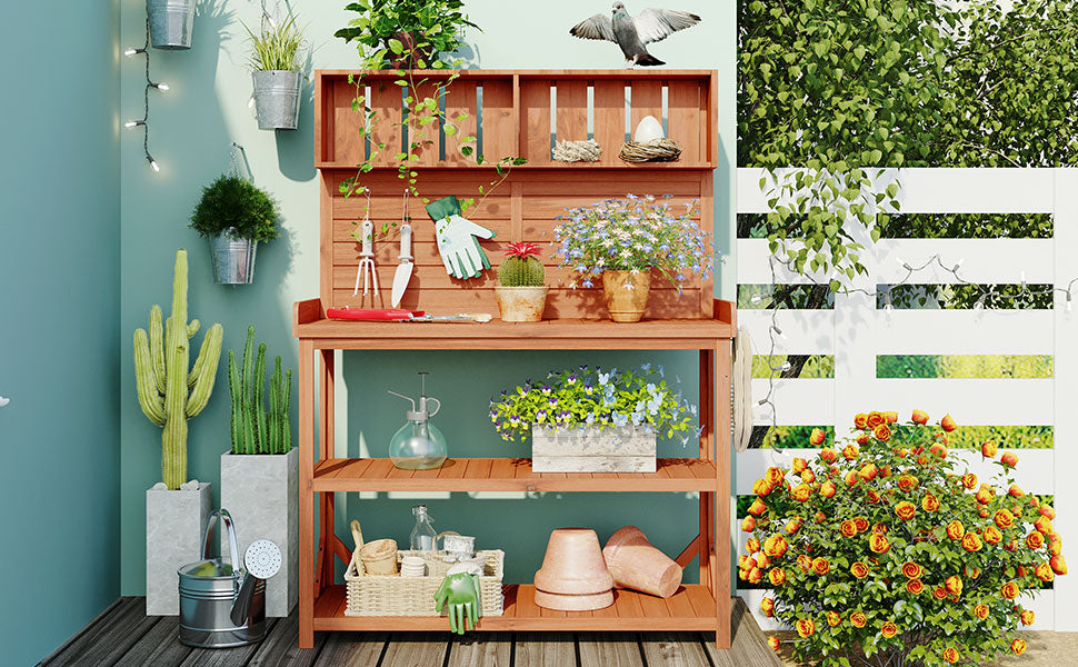 65" Large Wooden Farmhouse Rustic Outdoor Potting Bench Table, Patio Workstation, Garden Potting Bench With 4 Storage Shelves And Side Hook,Natural Natural Garden & Outdoor Casual Wood Solid Wood