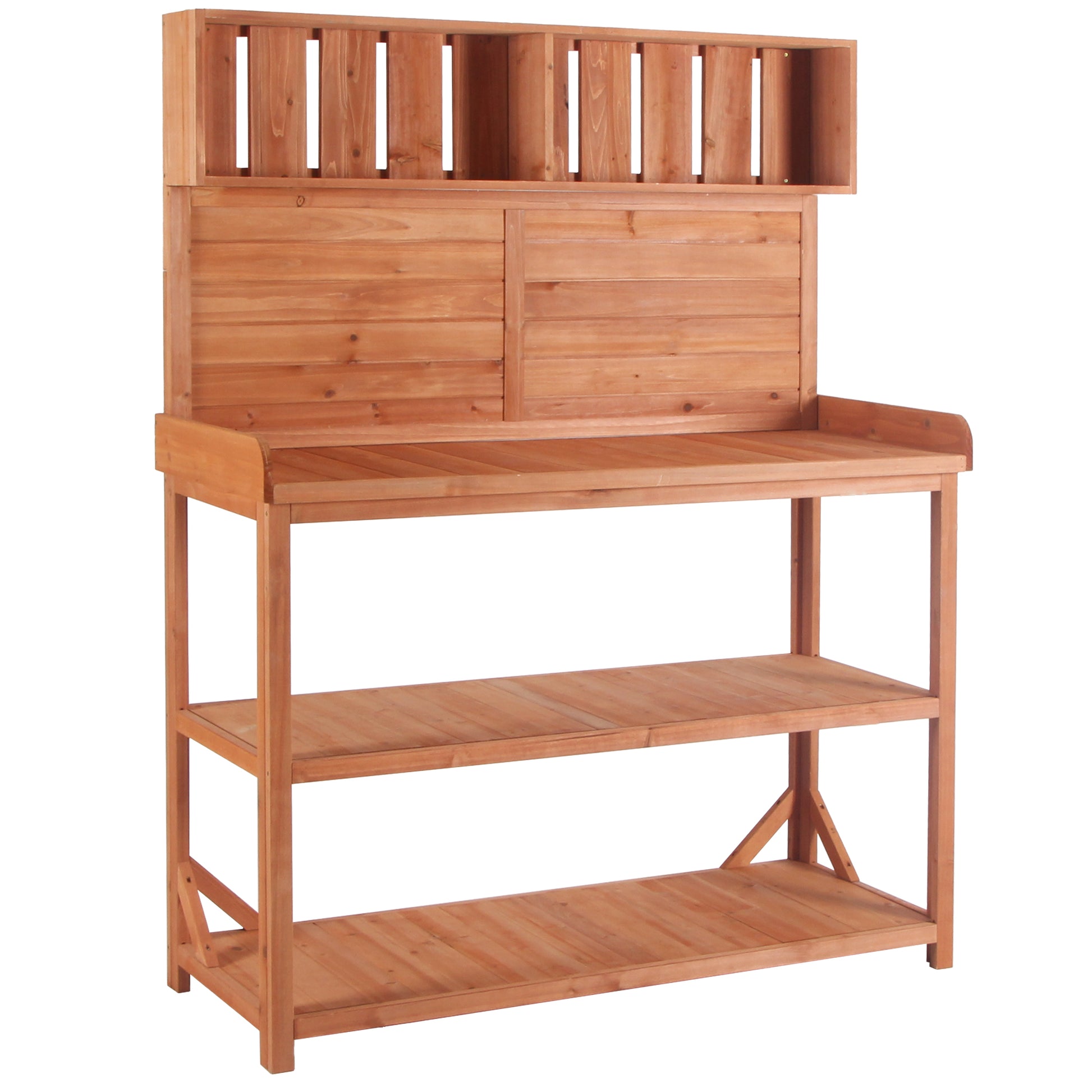 65" Large Wooden Farmhouse Rustic Outdoor Potting Bench Table, Patio Workstation, Garden Potting Bench With 4 Storage Shelves And Side Hook,Natural Natural Garden & Outdoor Casual Wood Solid Wood