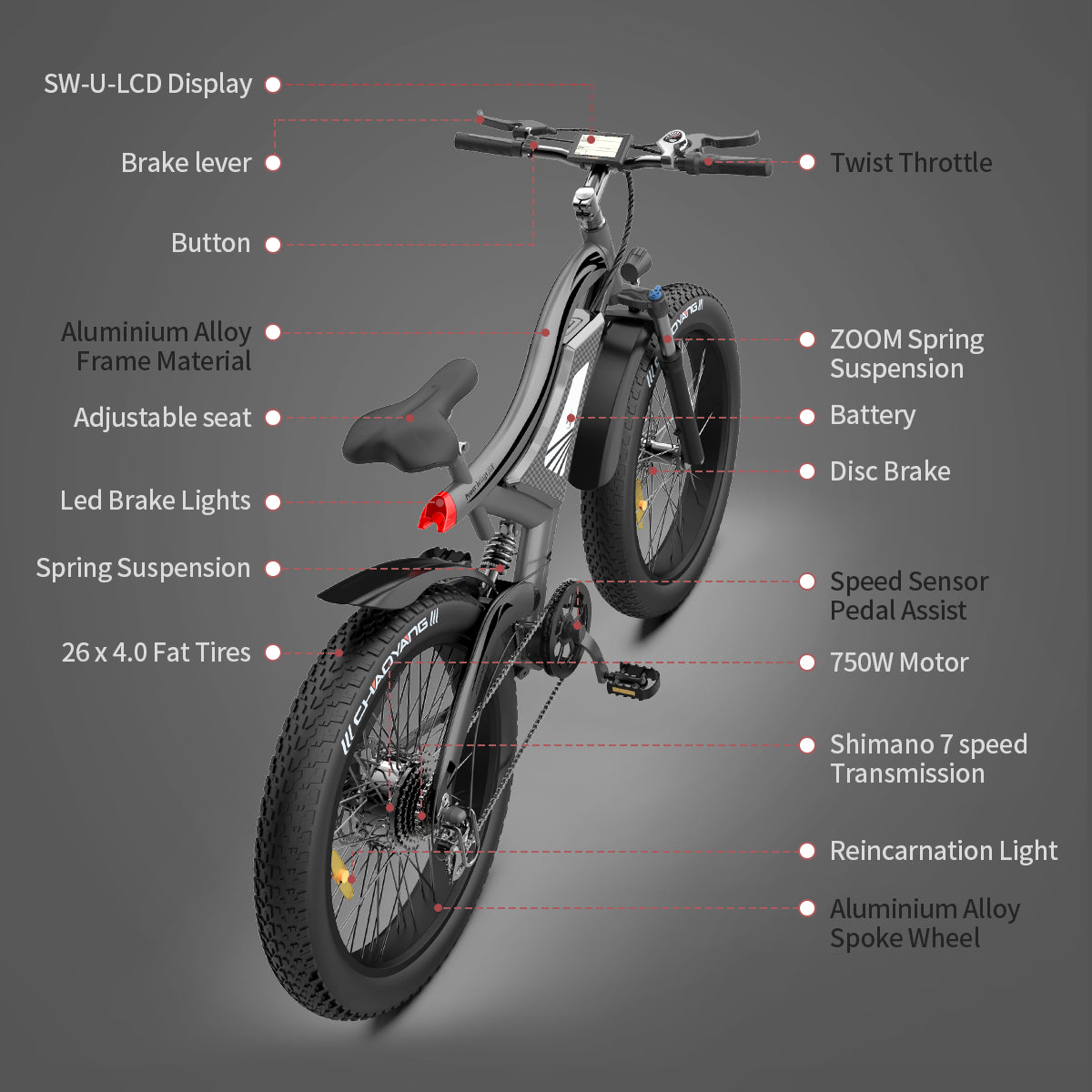 Aostirmotor S18 26" 750W Electric Bike Fat Tire 48V 15Ah Removable Lithium Battery For Adults Black Aluminium