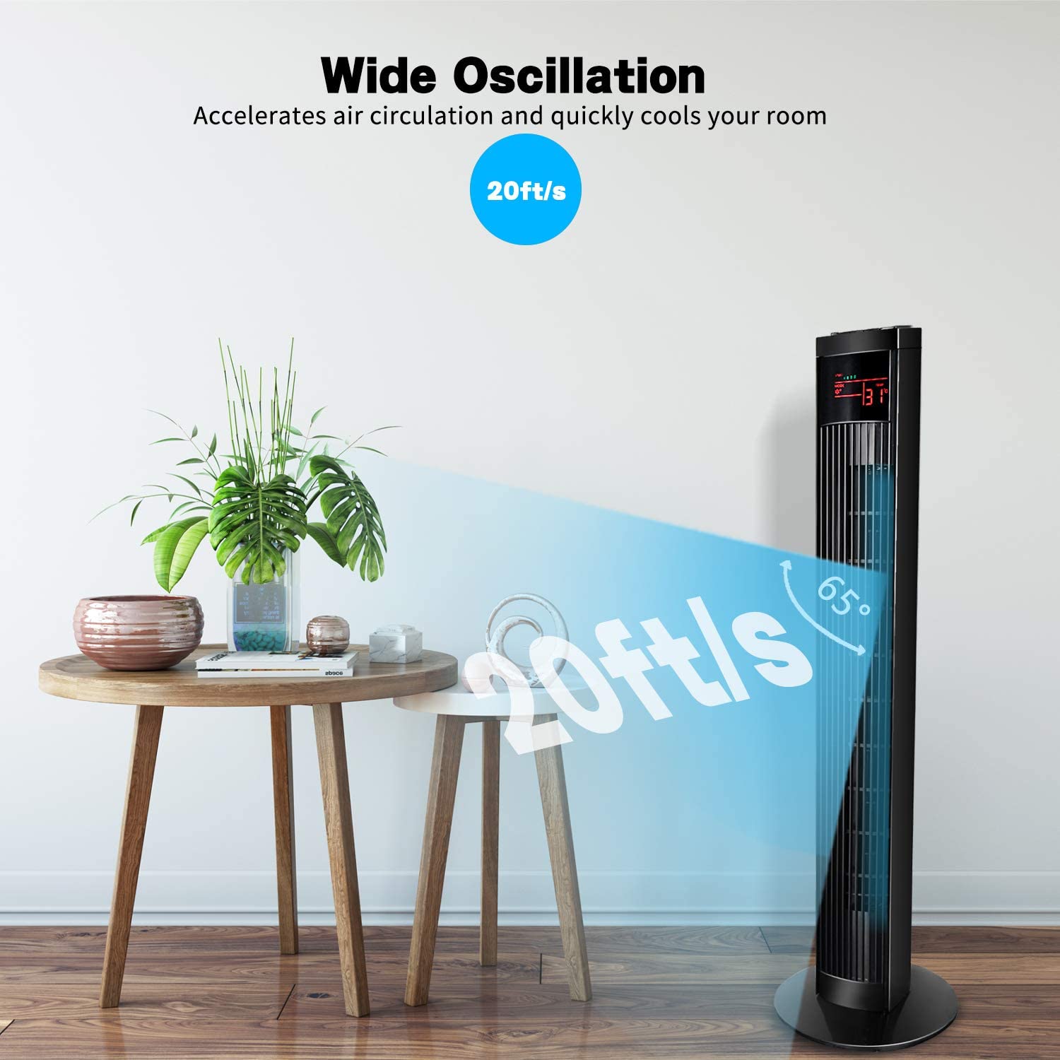 Simple Deluxe 36'' Electric Oscillating Tower Fan With Remote Controland Large Led Display, Great For Indoor, Bedroom And Home Office, Black Black Abs