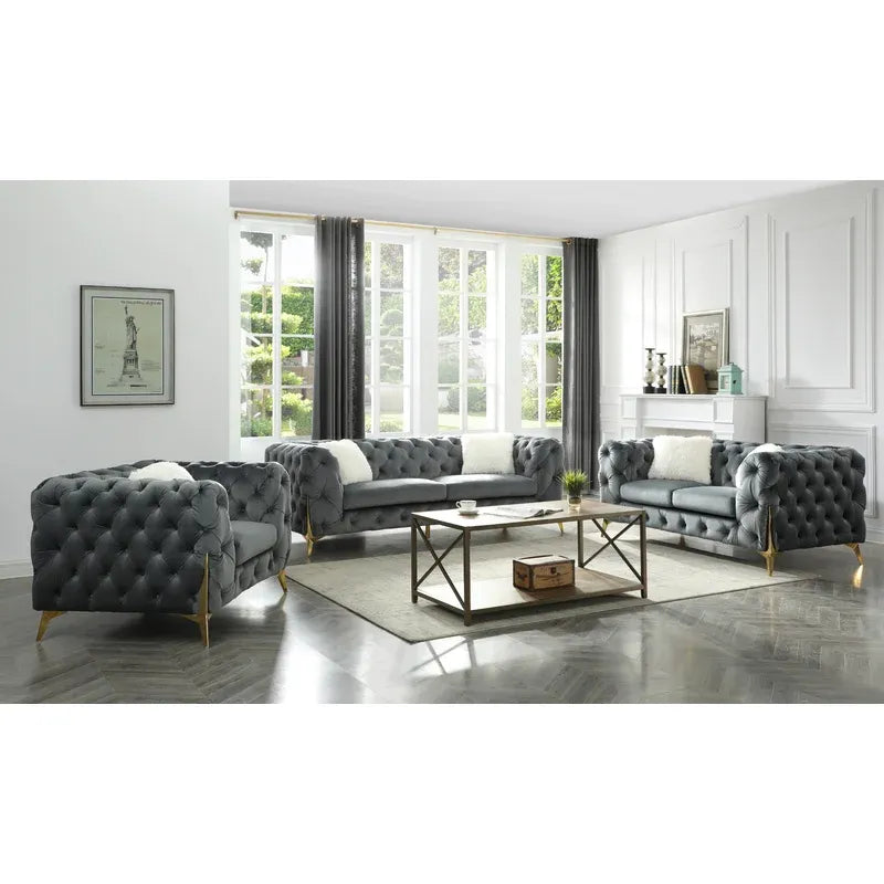 Moderno Tufted Loveseat Finished In Velvet Fabric In Gray Gray Wood Primary Living Space Modern Solid Wood Mdf Wood