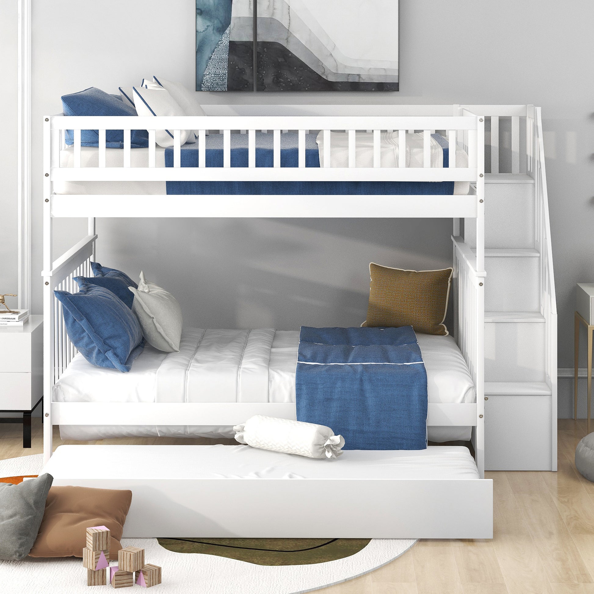 Full Over Full Bunk Bed With Trundle And Staircase,White White Pine