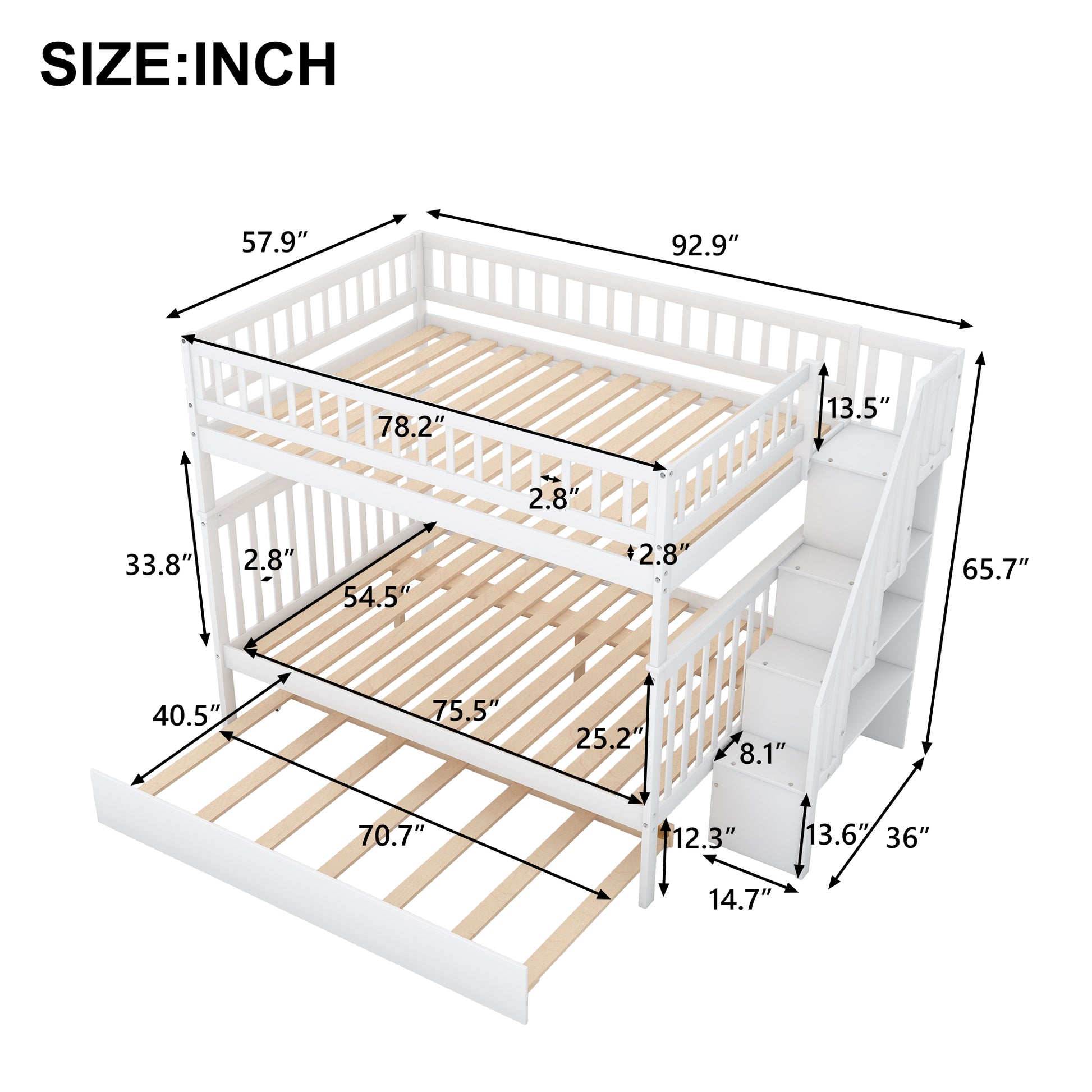 Full Over Full Bunk Bed With Trundle And Staircase,White White Pine