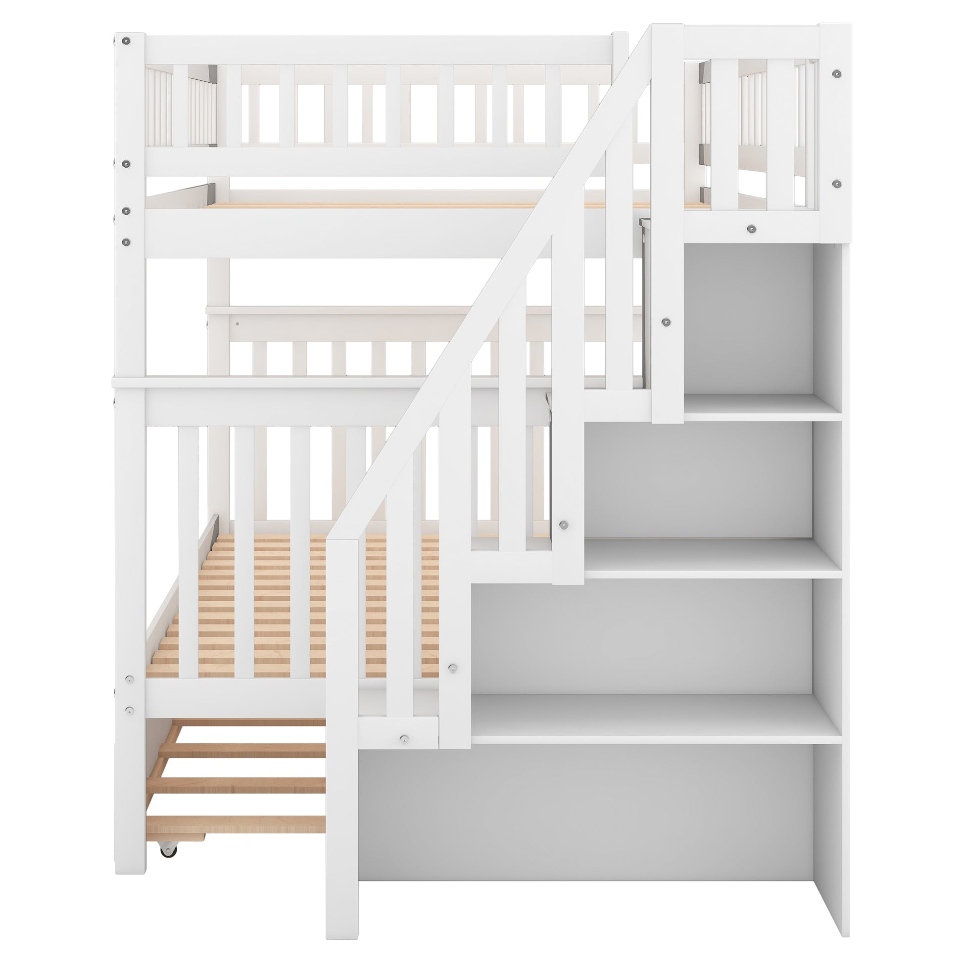 Full Over Full Bunk Bed With Trundle And Staircase,White White Pine