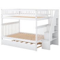 Full Over Full Bunk Bed With Trundle And Staircase,White White Pine