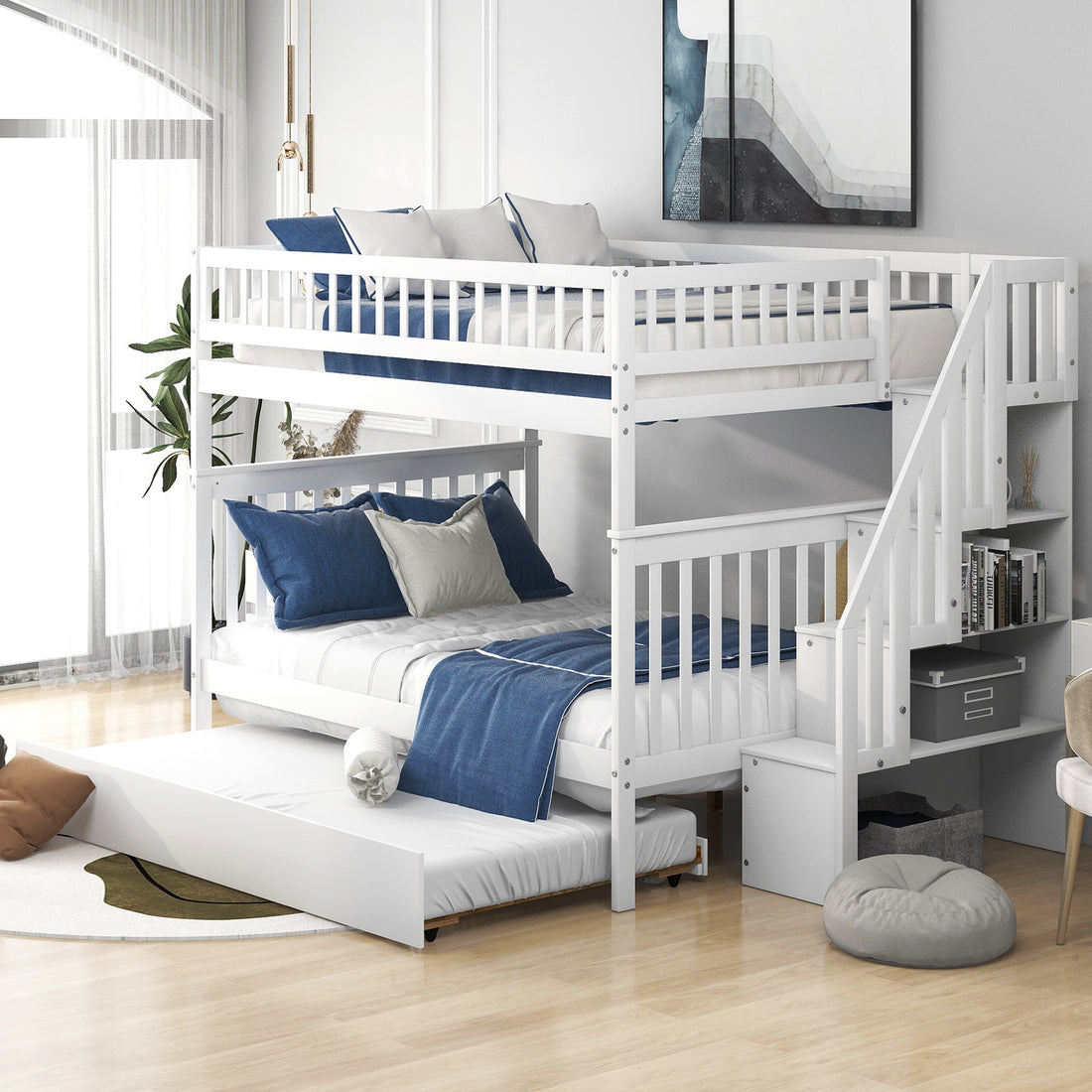 Full Over Full Bunk Bed With Trundle And Staircase,White White Pine