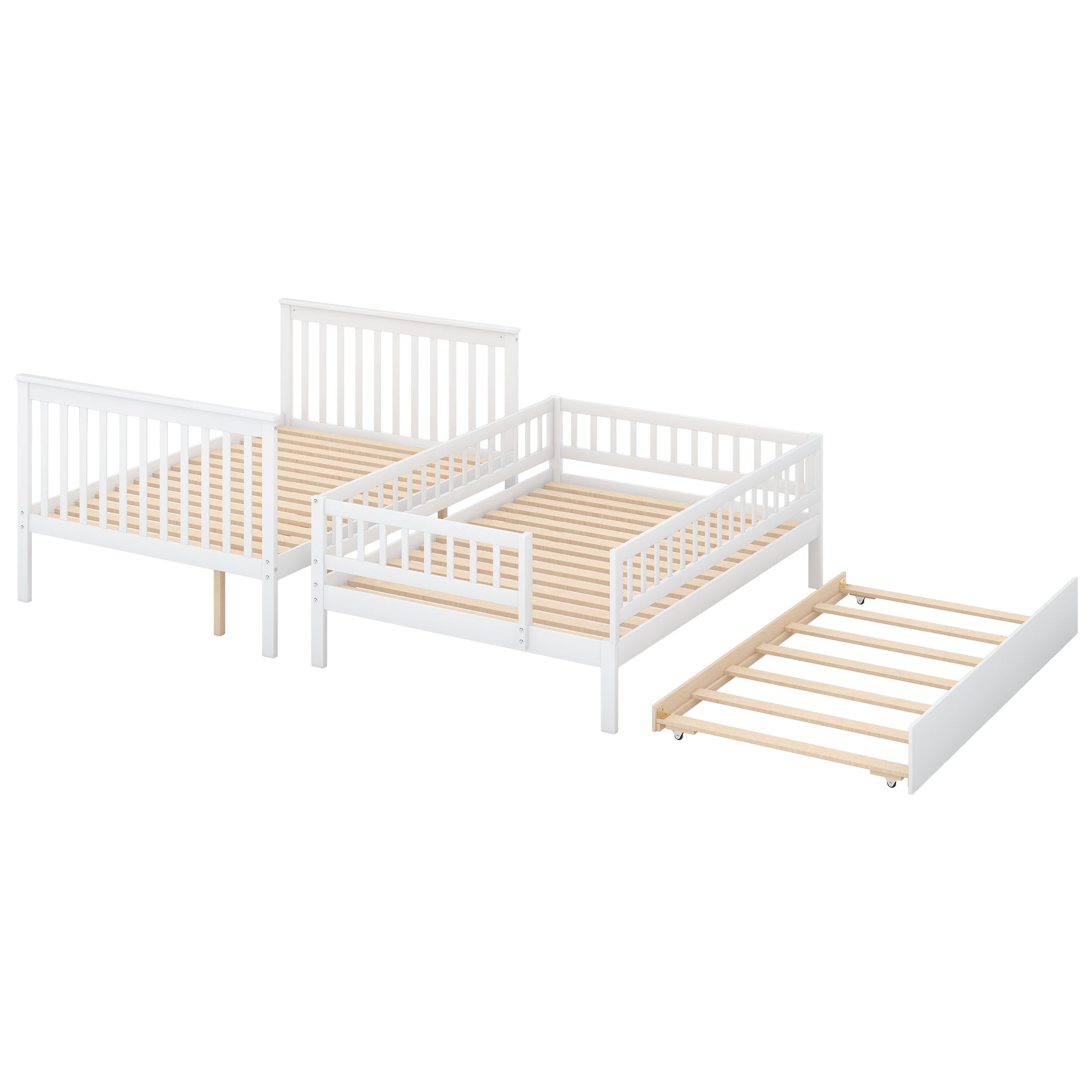 Full Over Full Bunk Bed With Trundle And Staircase,White White Pine