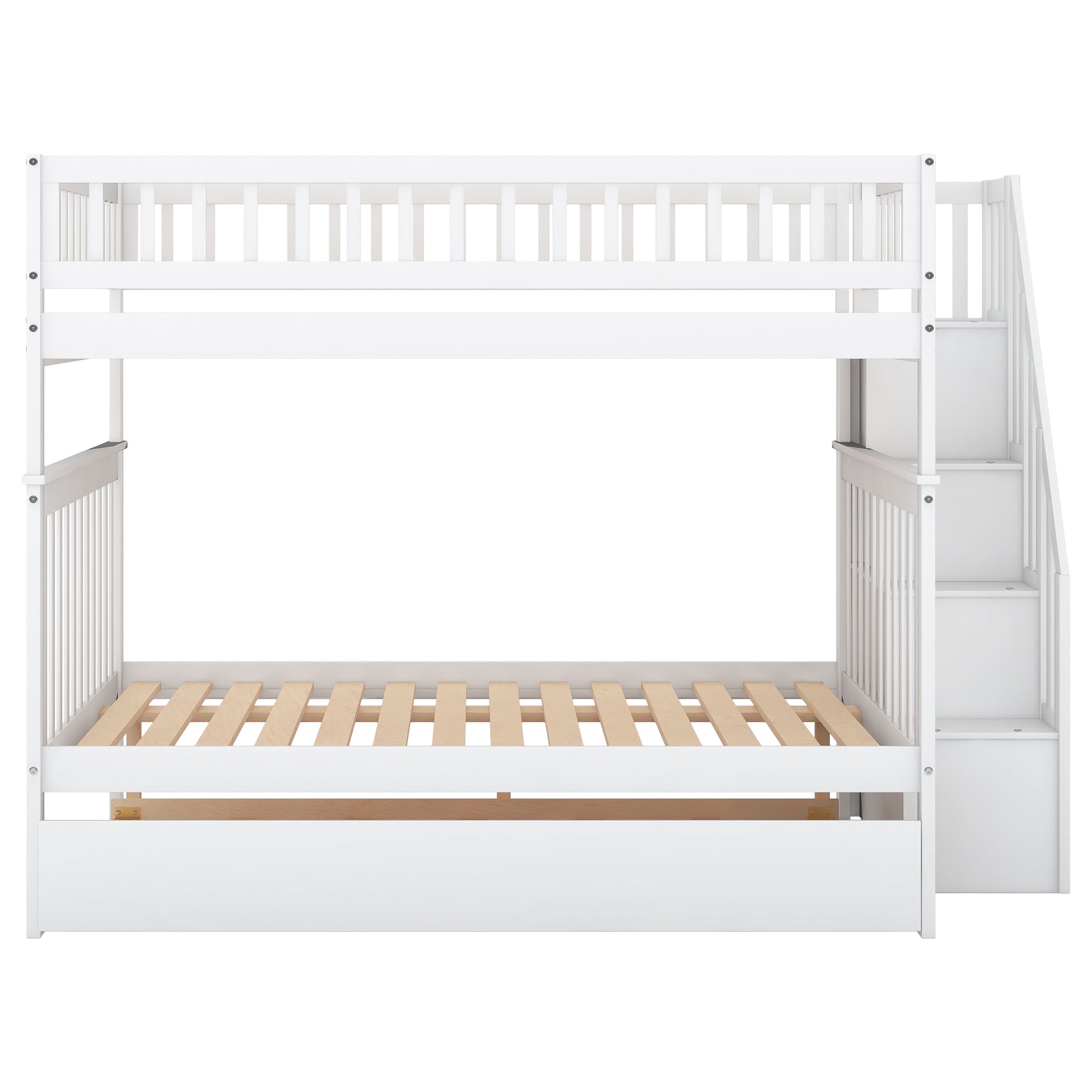 Full Over Full Bunk Bed With Trundle And Staircase,White White Pine