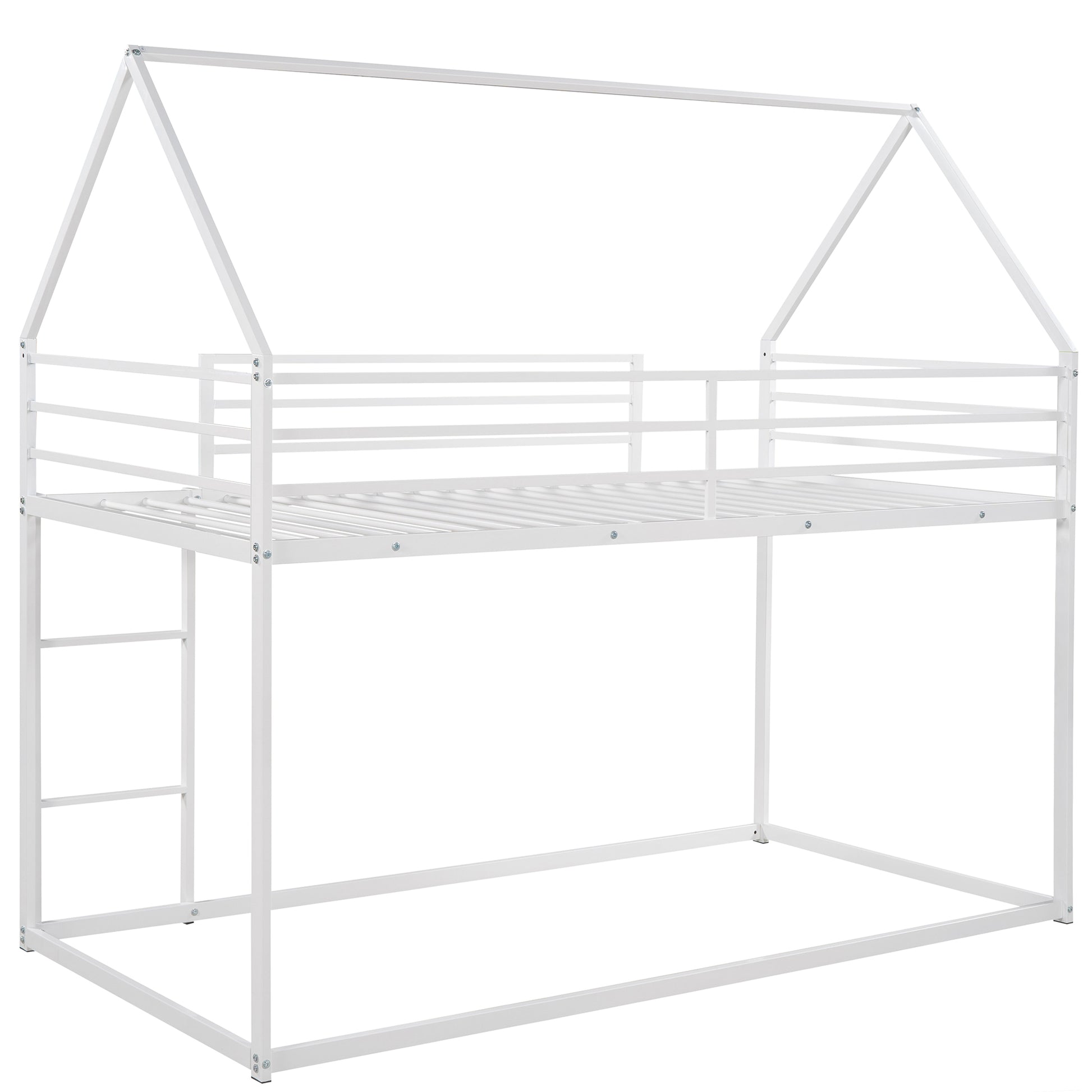 Twin Over Twin House Bunk Bed With Built In Ladder,White White Metal